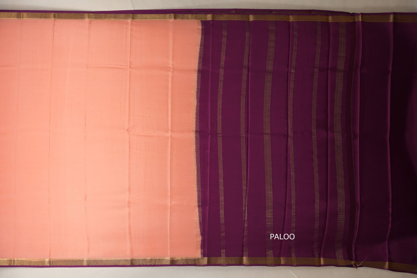 Peach pink with Deep Magenta Borders Mysore Silk Saree paloo