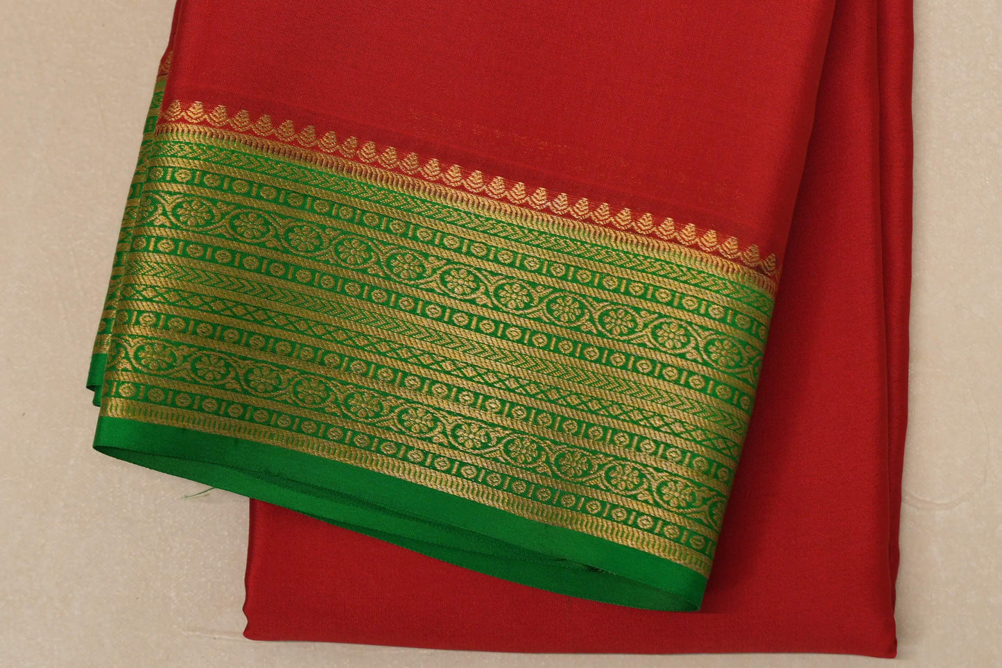 Bright red with Leaf Green border Mysore Silk Saree border