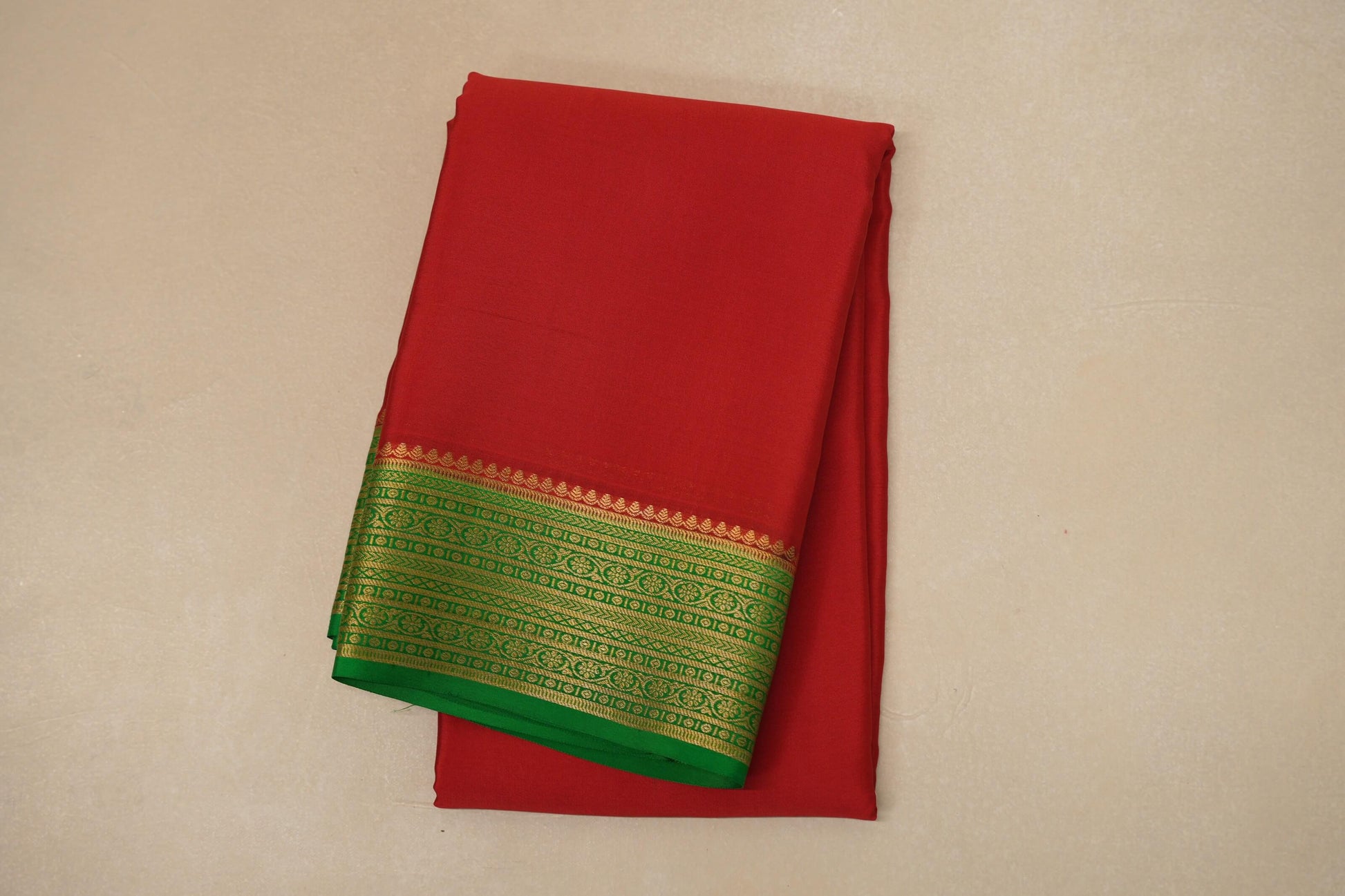 Bright red with Leaf Green border Mysore Silk Saree
