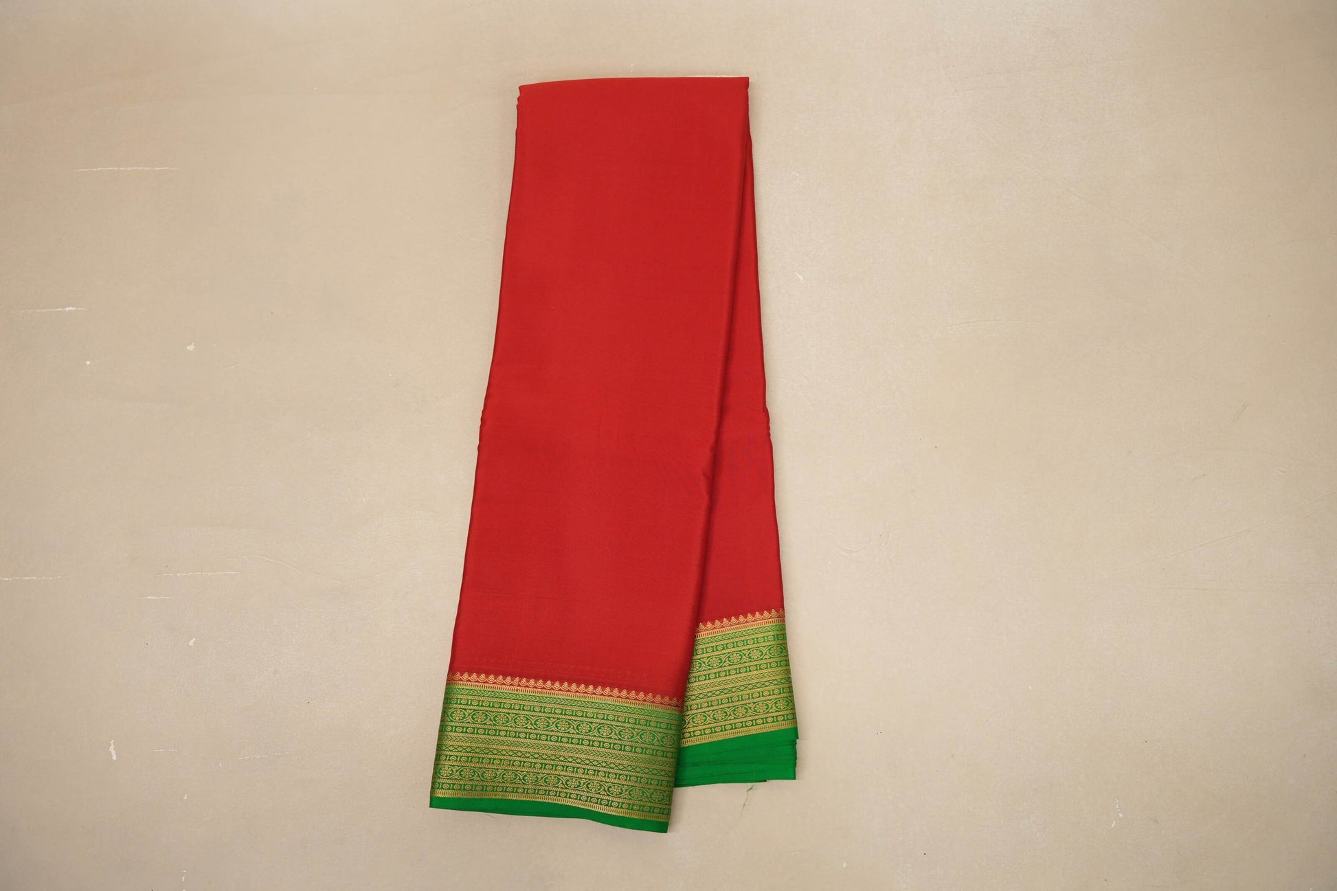 Bright red with Leaf Green border Mysore Silk Saree PSSR018765 - Parisera