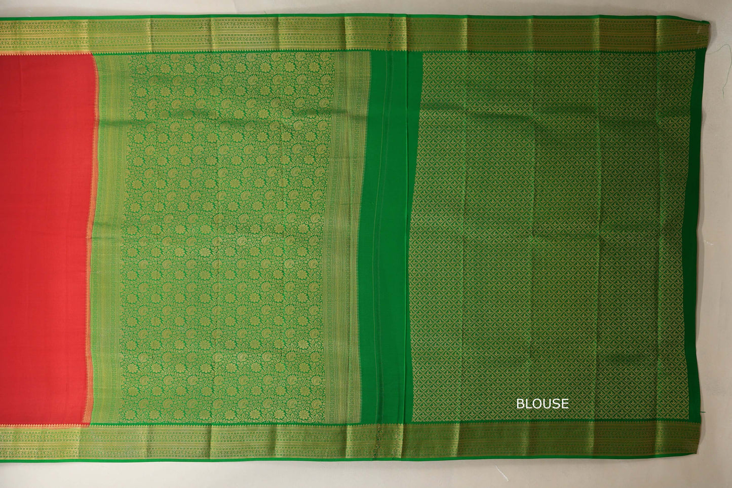 Bright red with Leaf Green border Mysore Silk Saree blouse