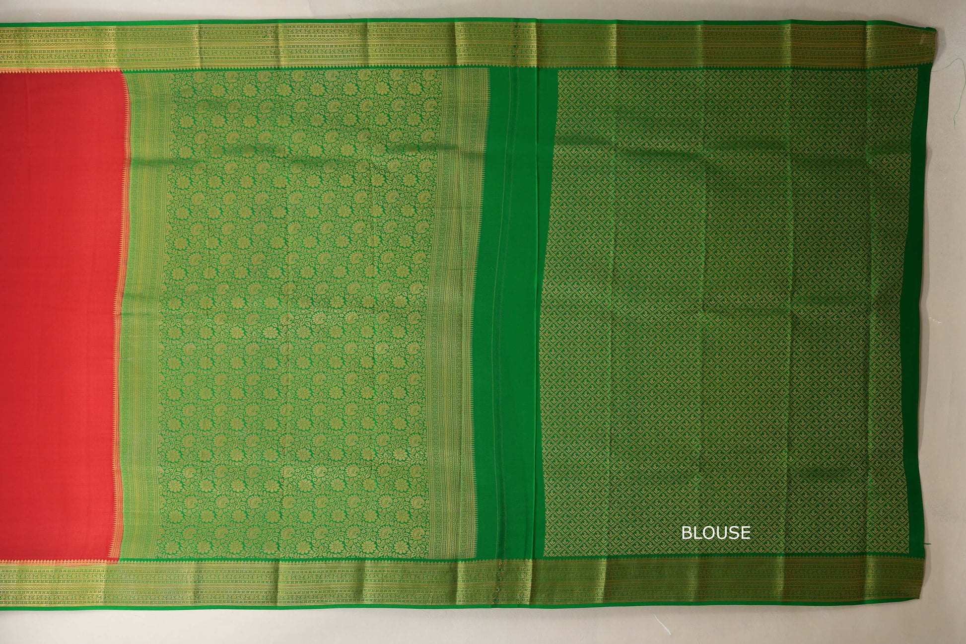 Bright red with Leaf Green border Mysore Silk Saree blouse