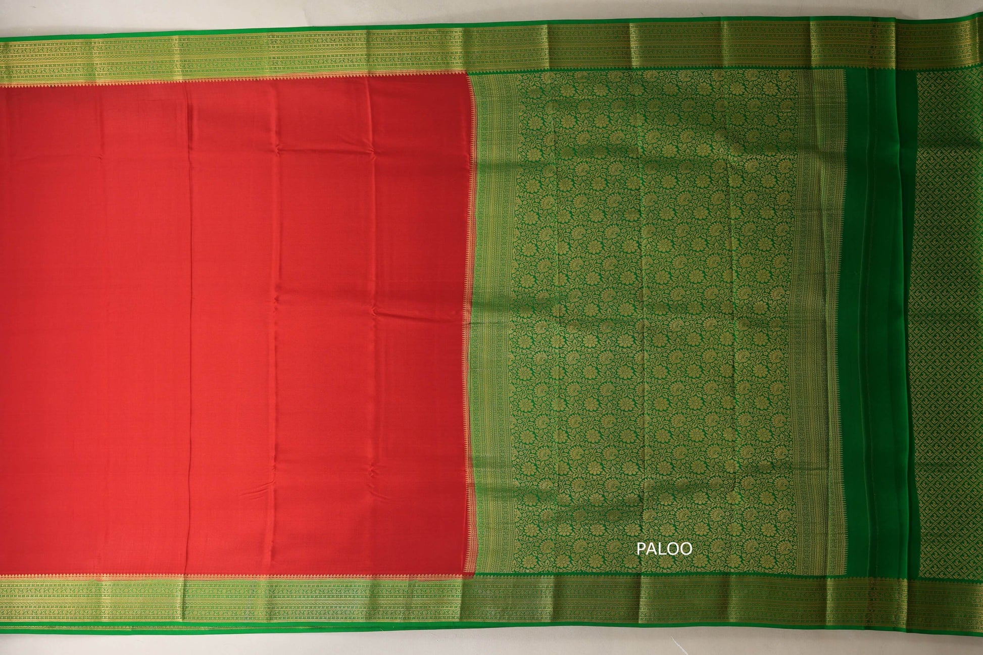 Bright red with Leaf Green border Mysore Silk Saree paloo