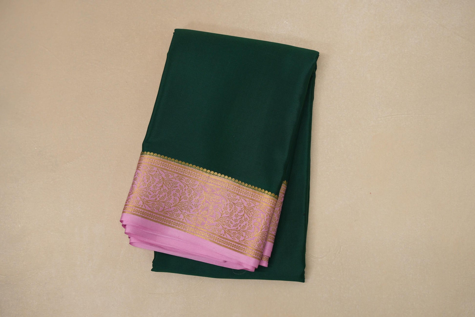Bottle green with Baby Pink border Mysore Silk Saree