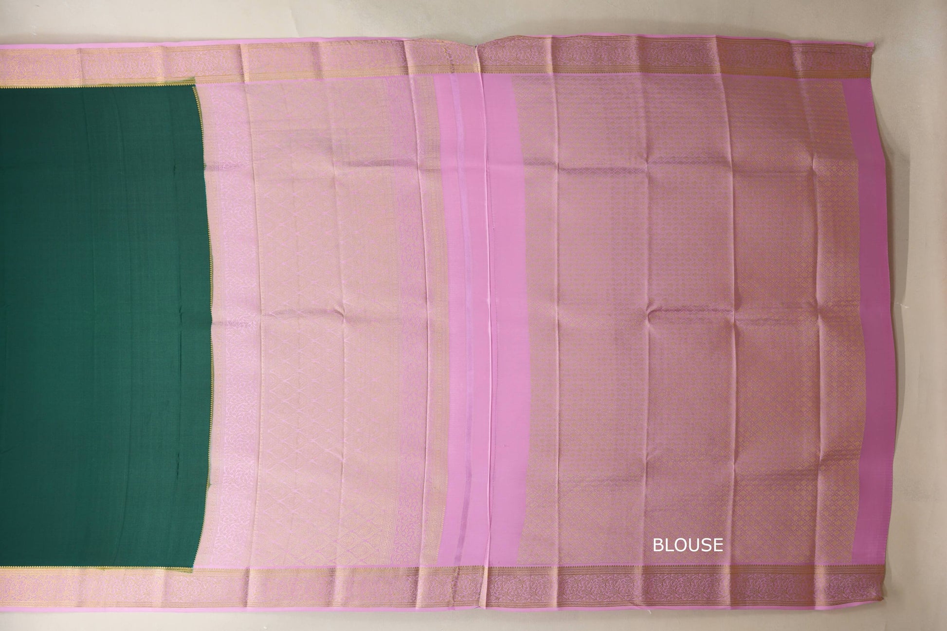 Bottle green with Baby Pink border Mysore Silk Saree blouse