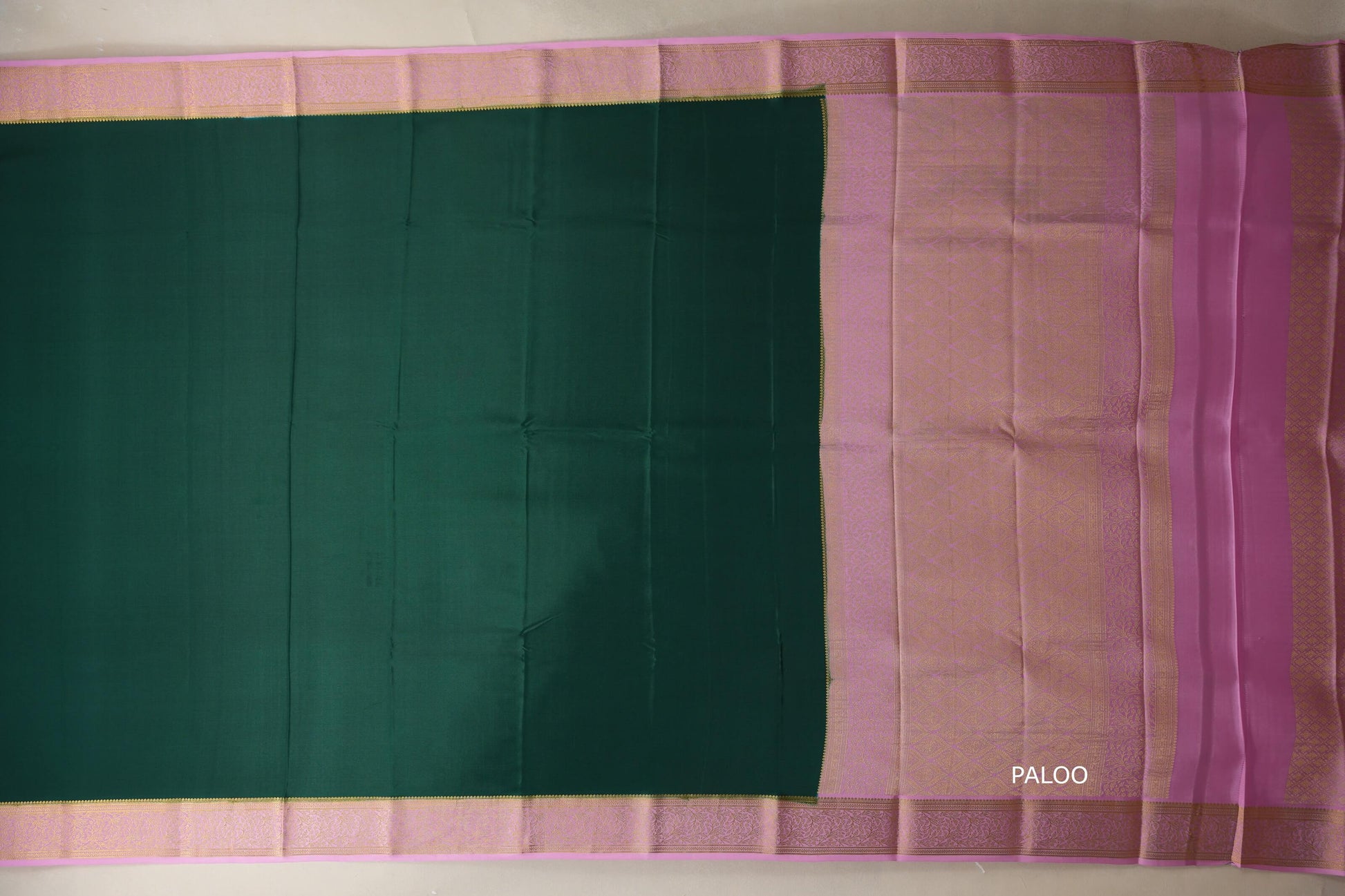 Bottle green with Baby Pink border Mysore Silk Saree paloo