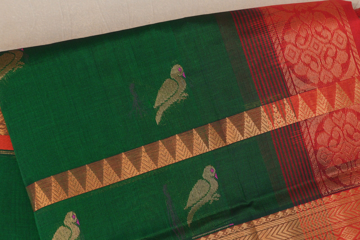 Dark Forest Green with Bright Red Borders Silk Cotton Saree body
