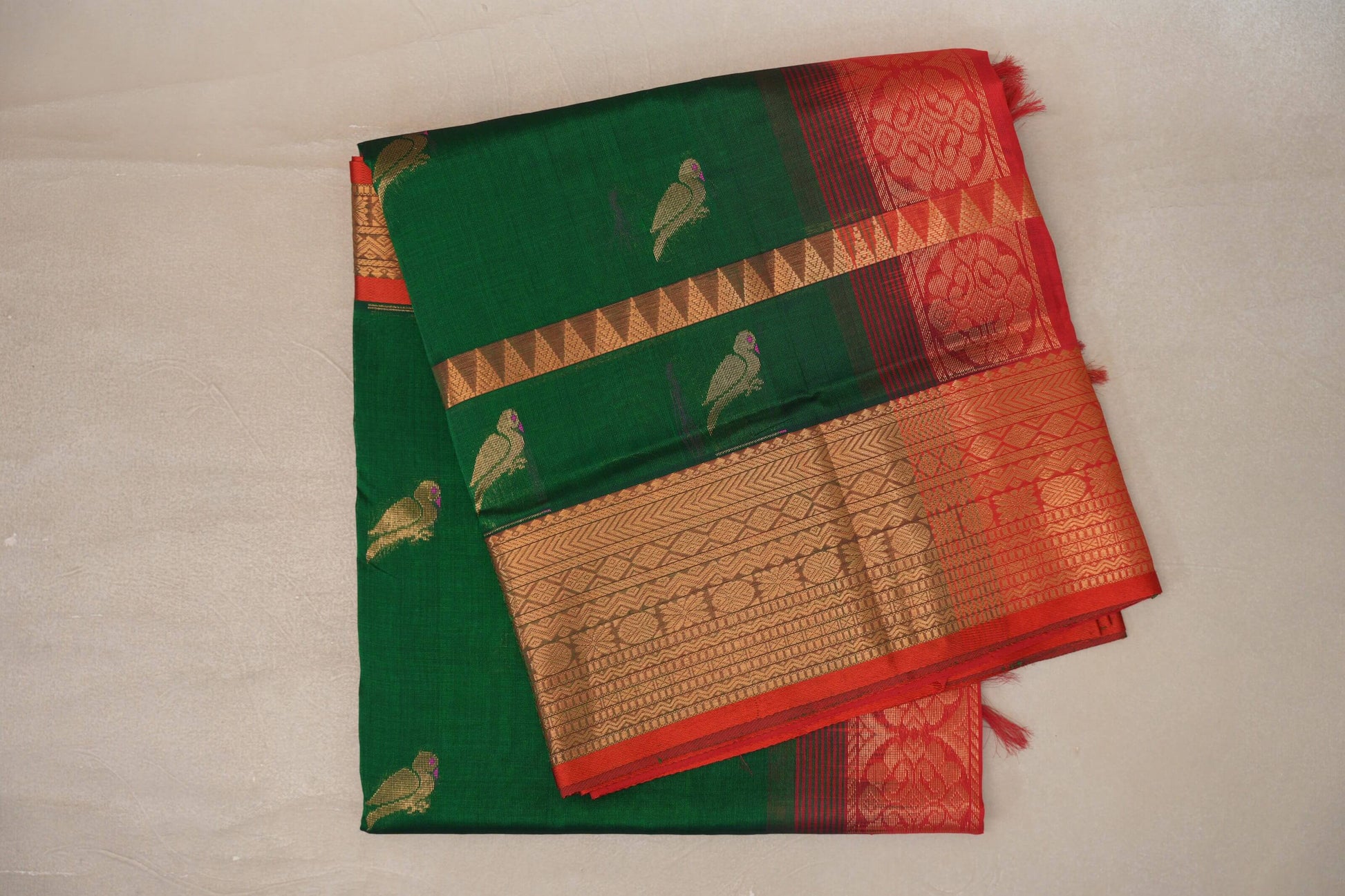 Dark Forest Green with Bright Red Borders Silk Cotton Saree