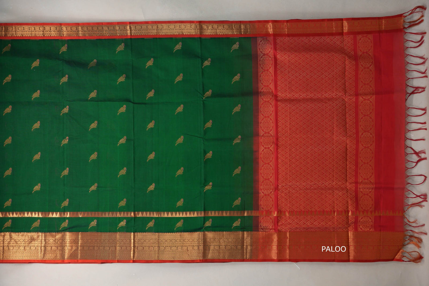 Dark Forest Green with Bright Red Borders Silk Cotton Saree paloo