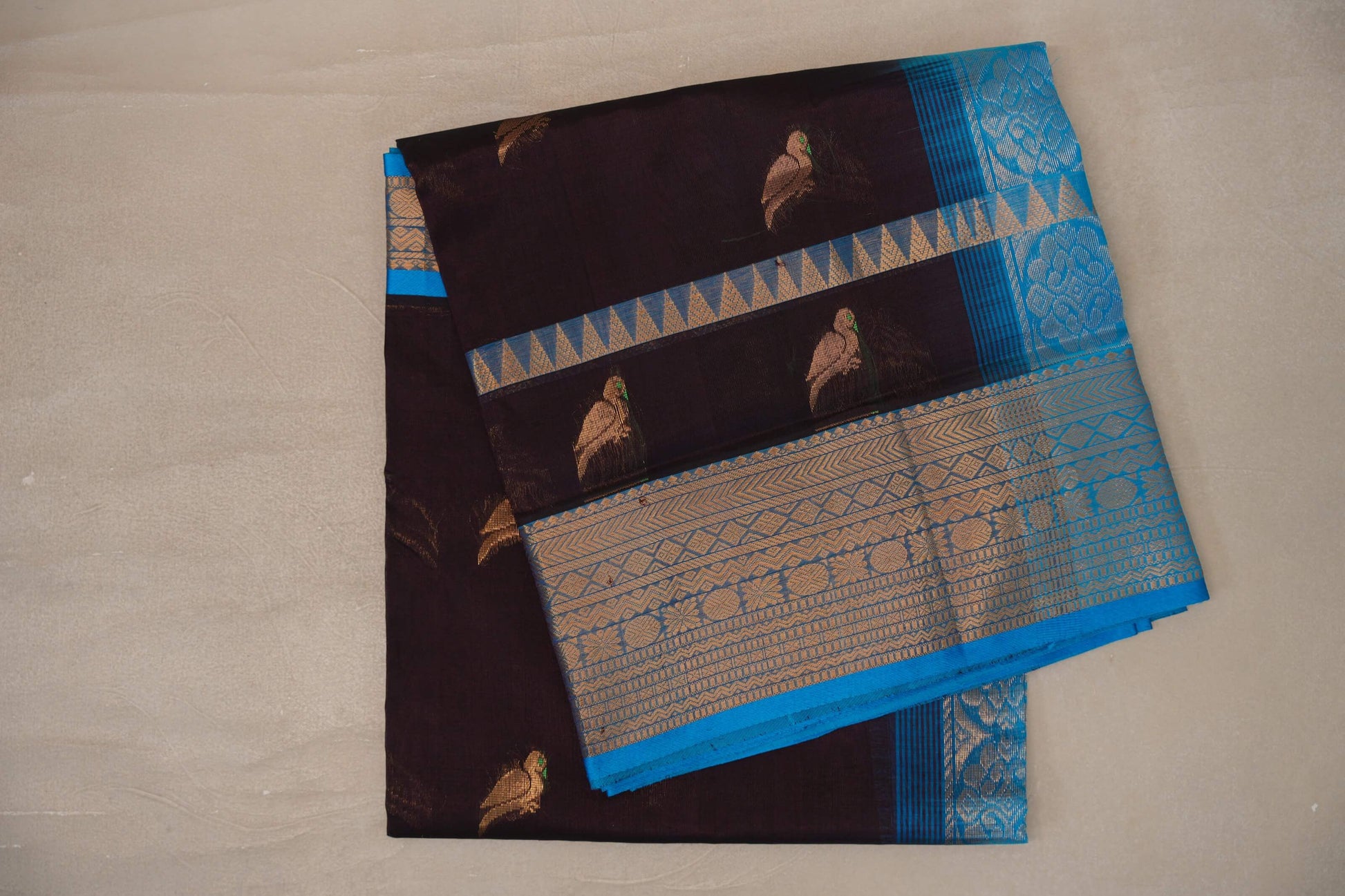Deep Plum with Bright Sky Blue Borders Silk Cotton Saree