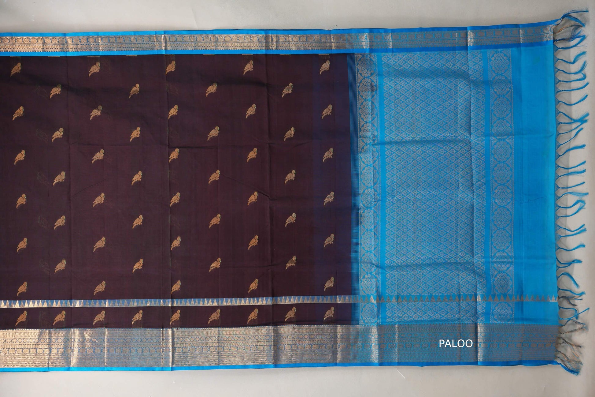 Deep Plum with Bright Sky Blue Borders Silk Cotton Saree paloo