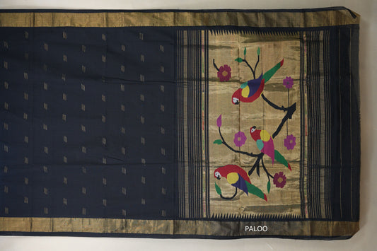 Dark Navy Blue Paithani Cotton Saree by Shreenivas Silks paloo