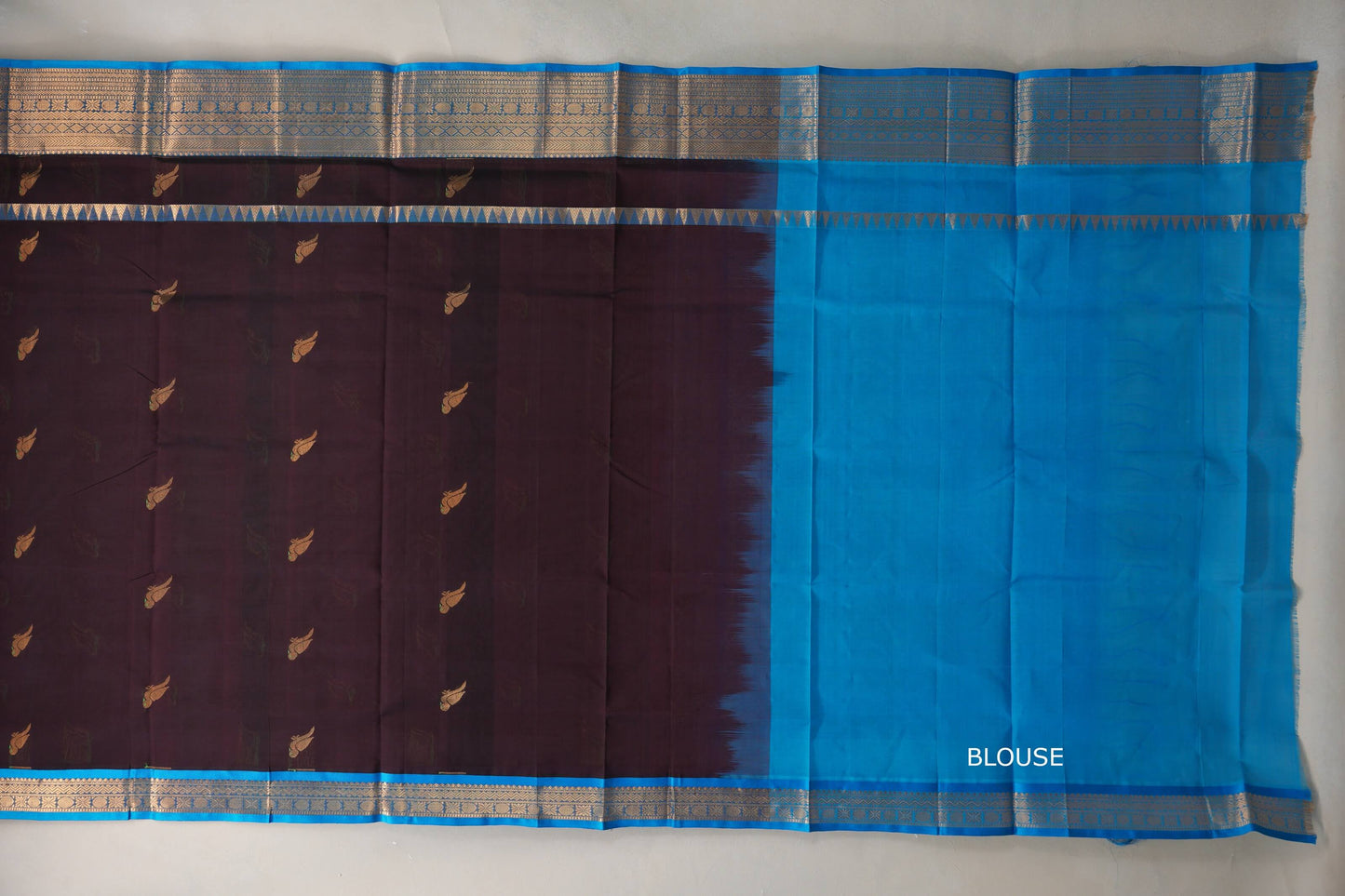 Deep Plum with Bright Sky Blue Borders Silk Cotton Saree blouse
