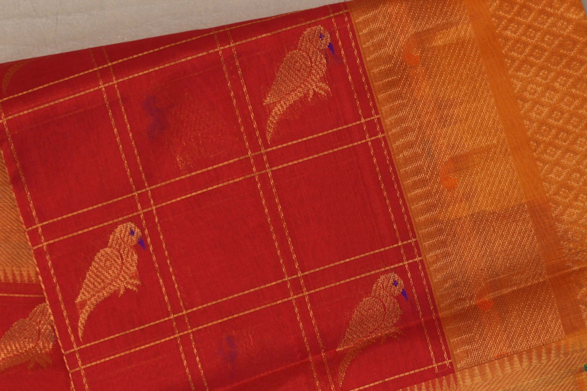 Tomato Red with Mustard Orange Borders Silk Cotton Saree body
