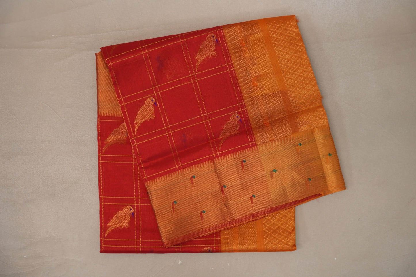 Tomato Red with Mustard Orange Borders Silk Cotton Saree