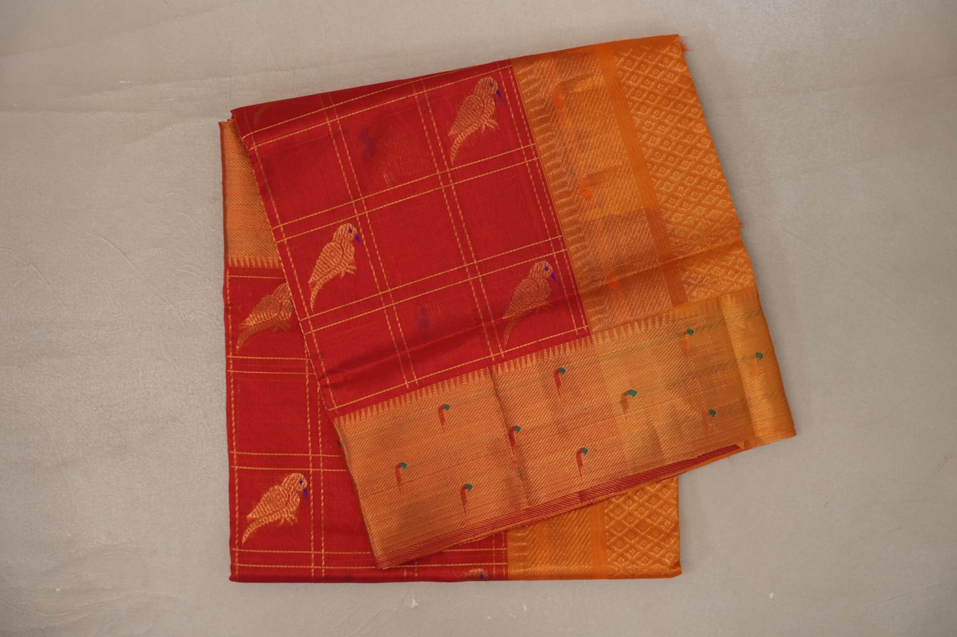 Tomato Red with Mustard Orange Borders Silk Cotton Saree