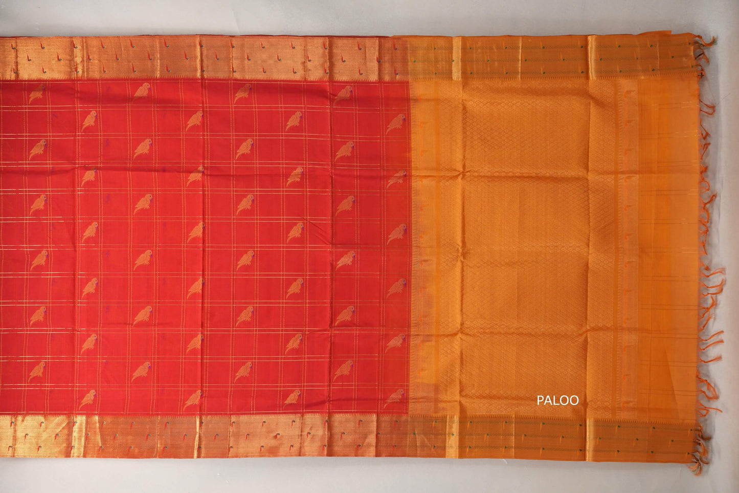 Tomato Red with Mustard Orange Borders Silk Cotton Saree paloo
