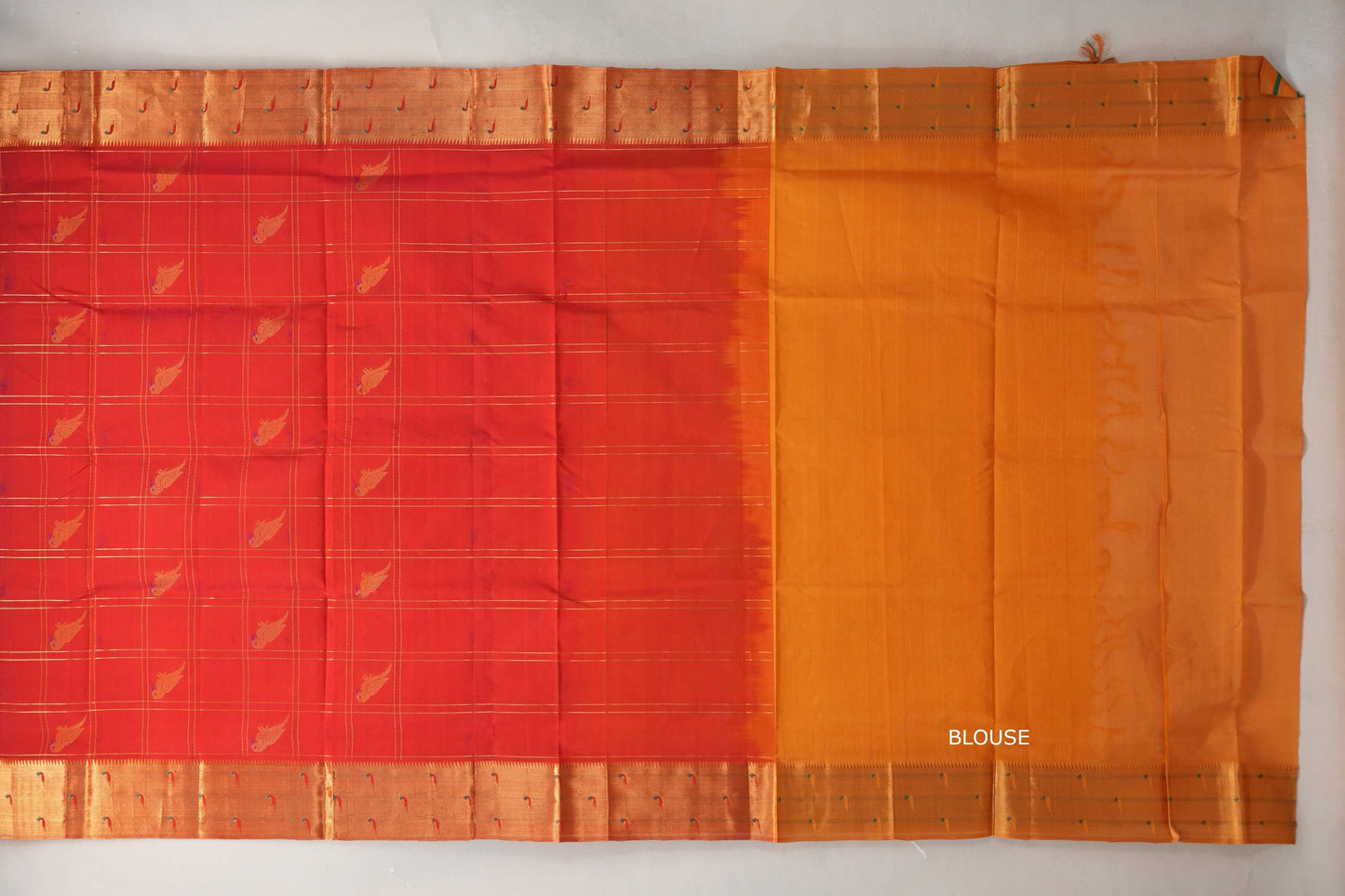 Tomato Red with Mustard Orange Borders Silk Cotton Saree blouse