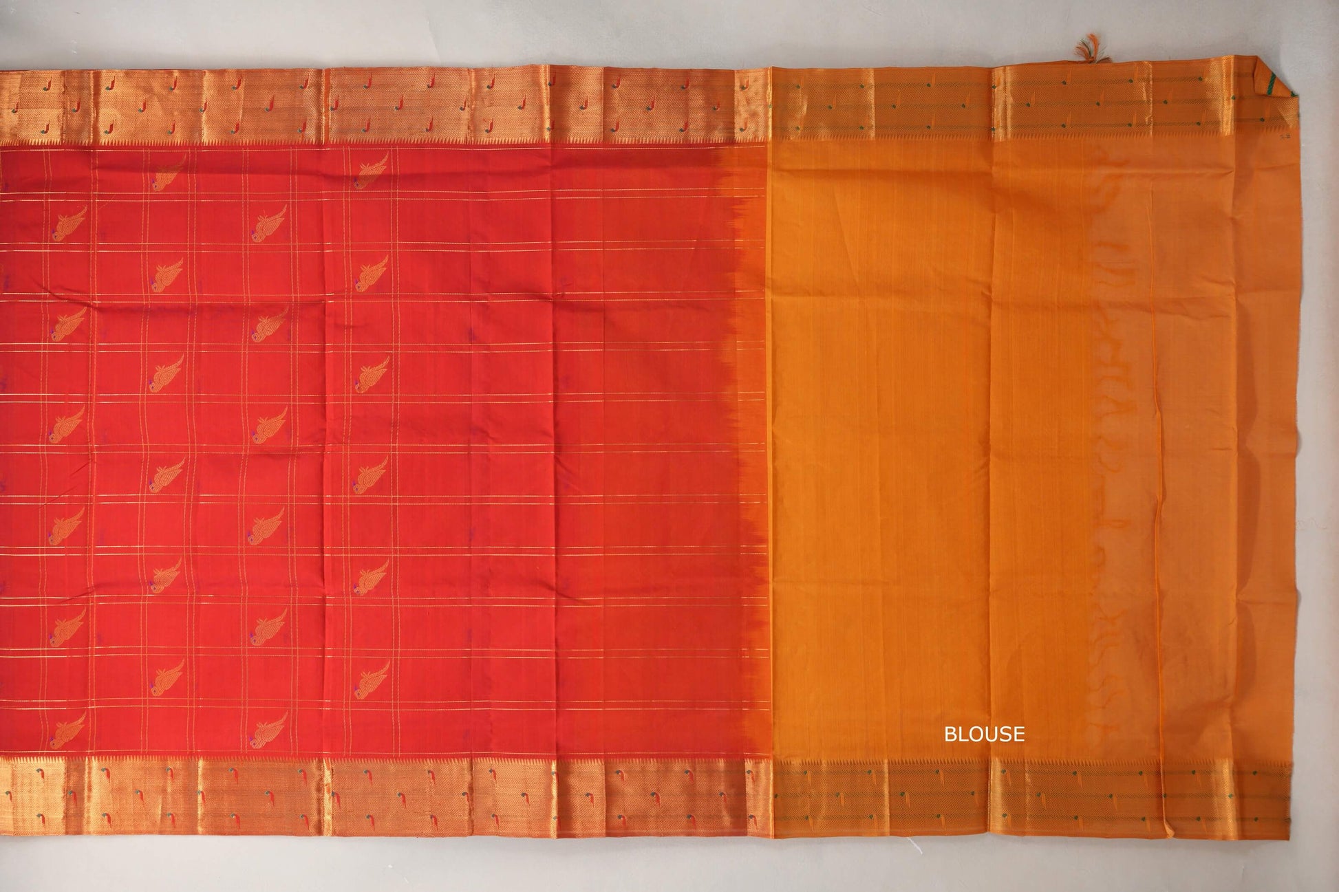 Tomato Red with Mustard Orange Borders Silk Cotton Saree blouse