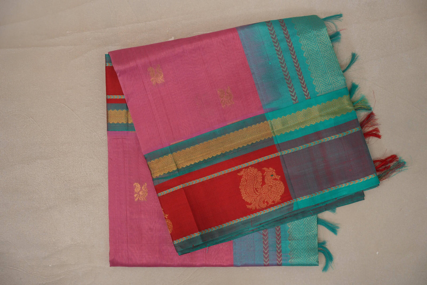 Onion Pink with Rama Green Borders Silk Cotton Saree