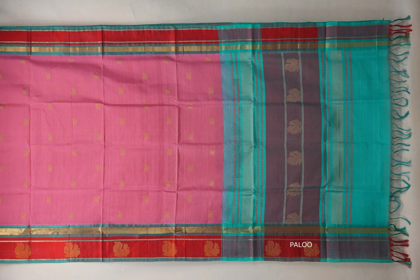 Onion Pink with Rama Green Borders Silk Cotton Saree paloo