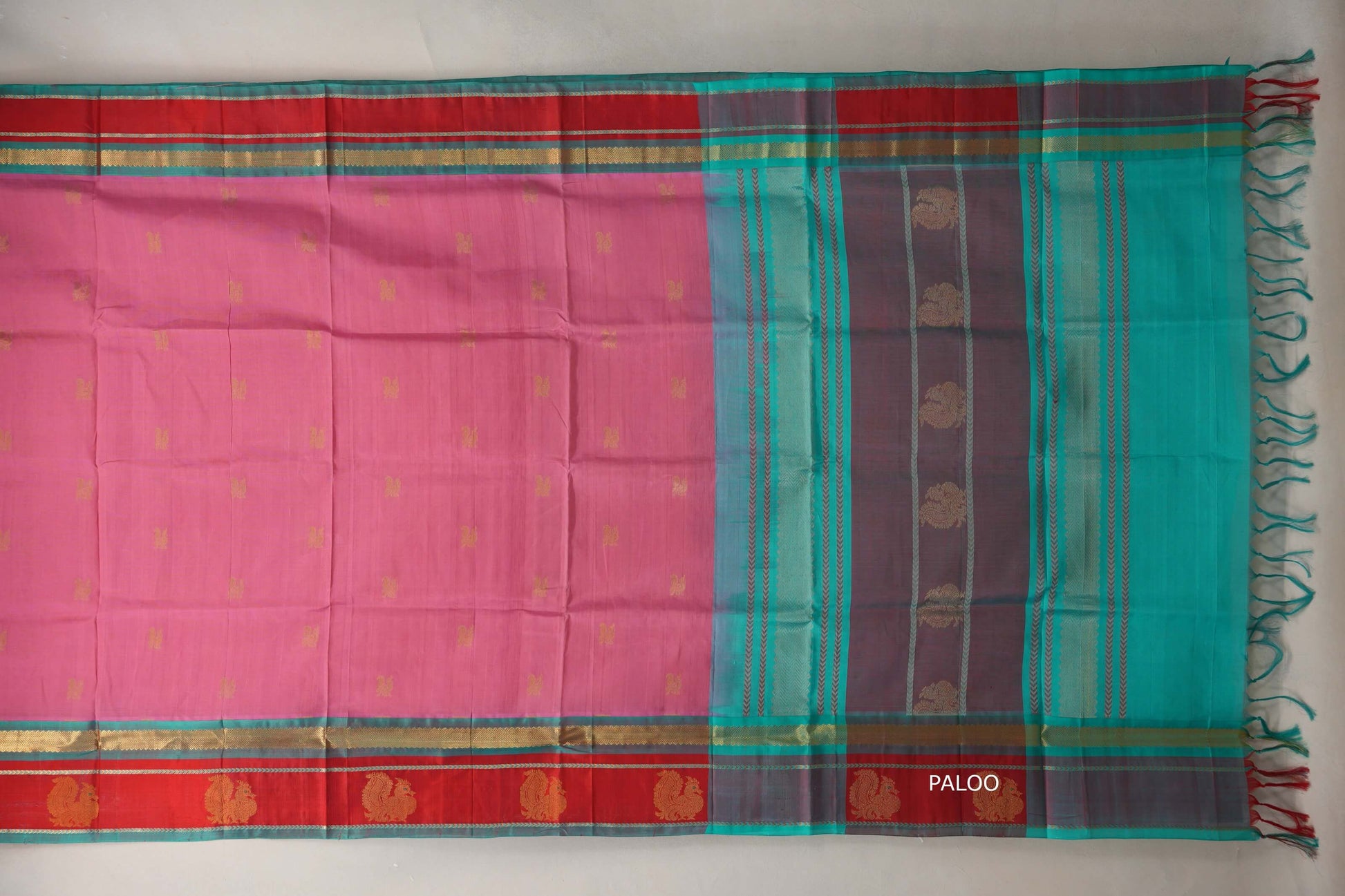 Onion Pink with Rama Green Borders Silk Cotton Saree paloo