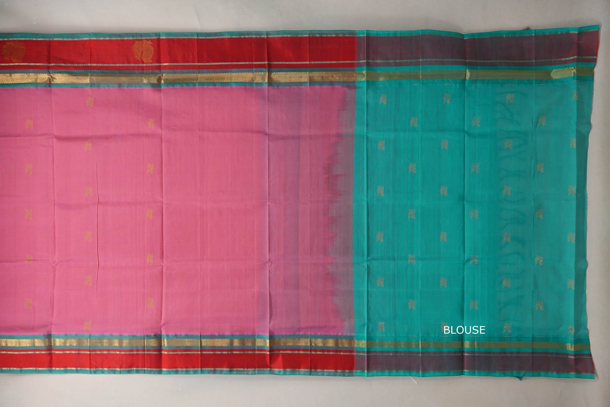 Onion Pink with Rama Green Borders Silk Cotton Saree blouse