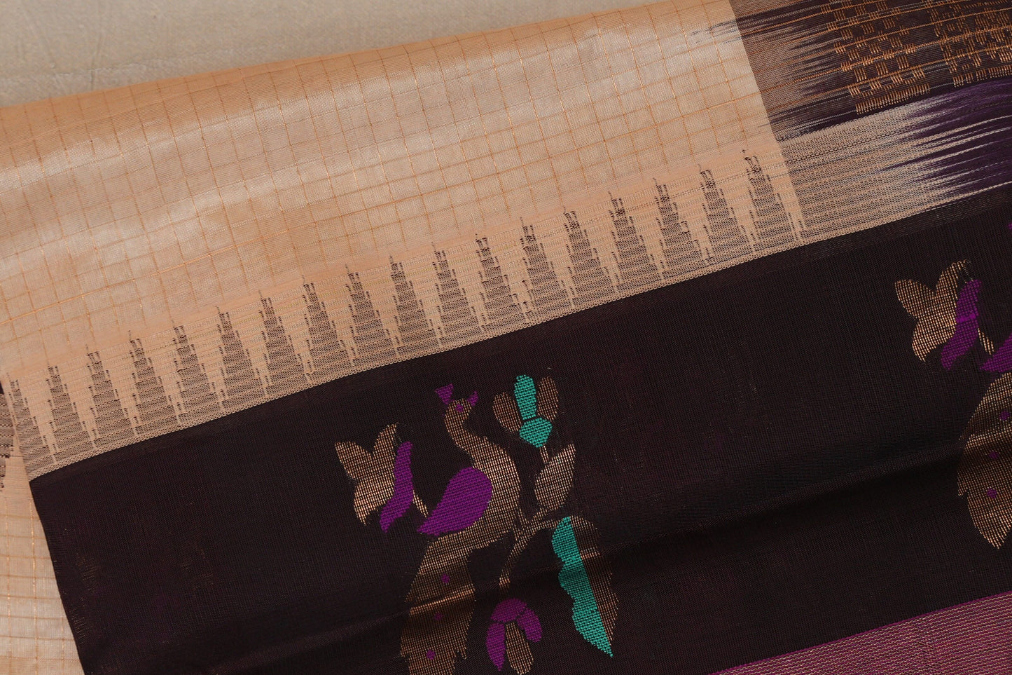 Sandal Cream with Deep Coffee Brown with Magenta Selvedge Borders Silk Cotton Saree body