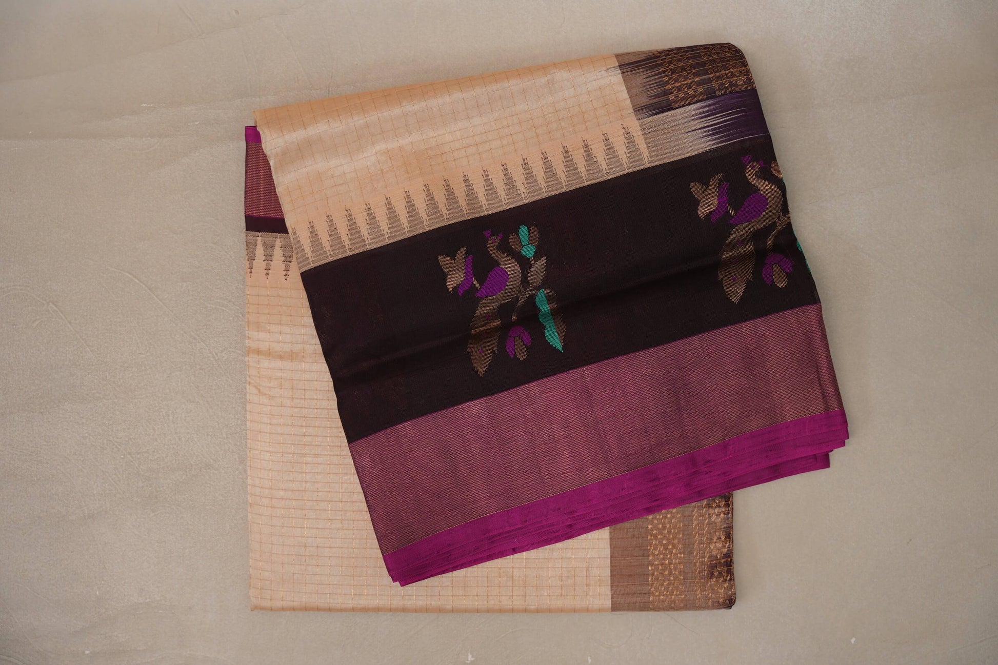 Sandal Cream with Deep Coffee Brown with Magenta Selvedge Borders Silk Cotton Saree