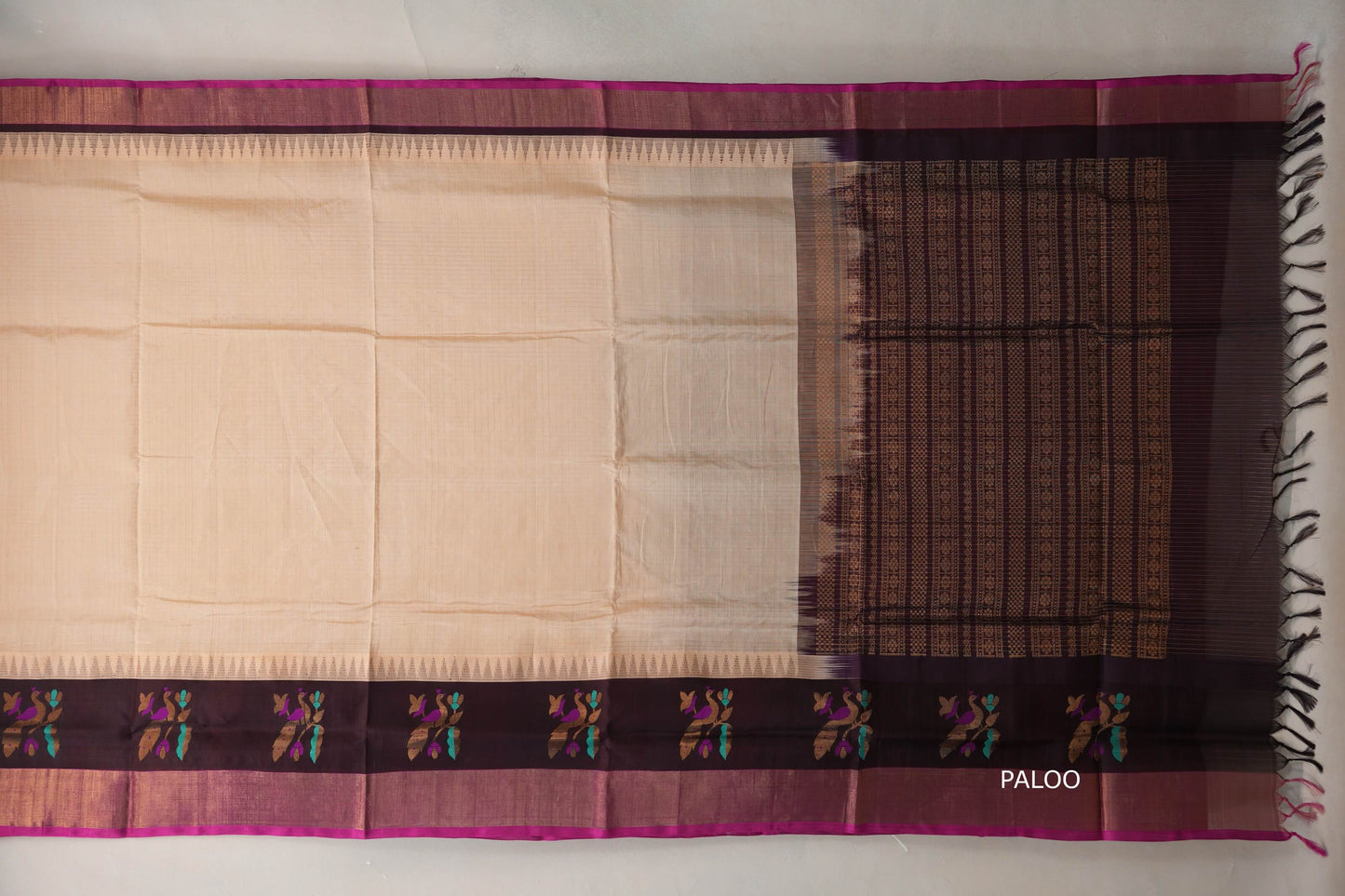 Sandal Cream with Deep Coffee Brown with Magenta Selvedge Borders Silk Cotton Saree paloo