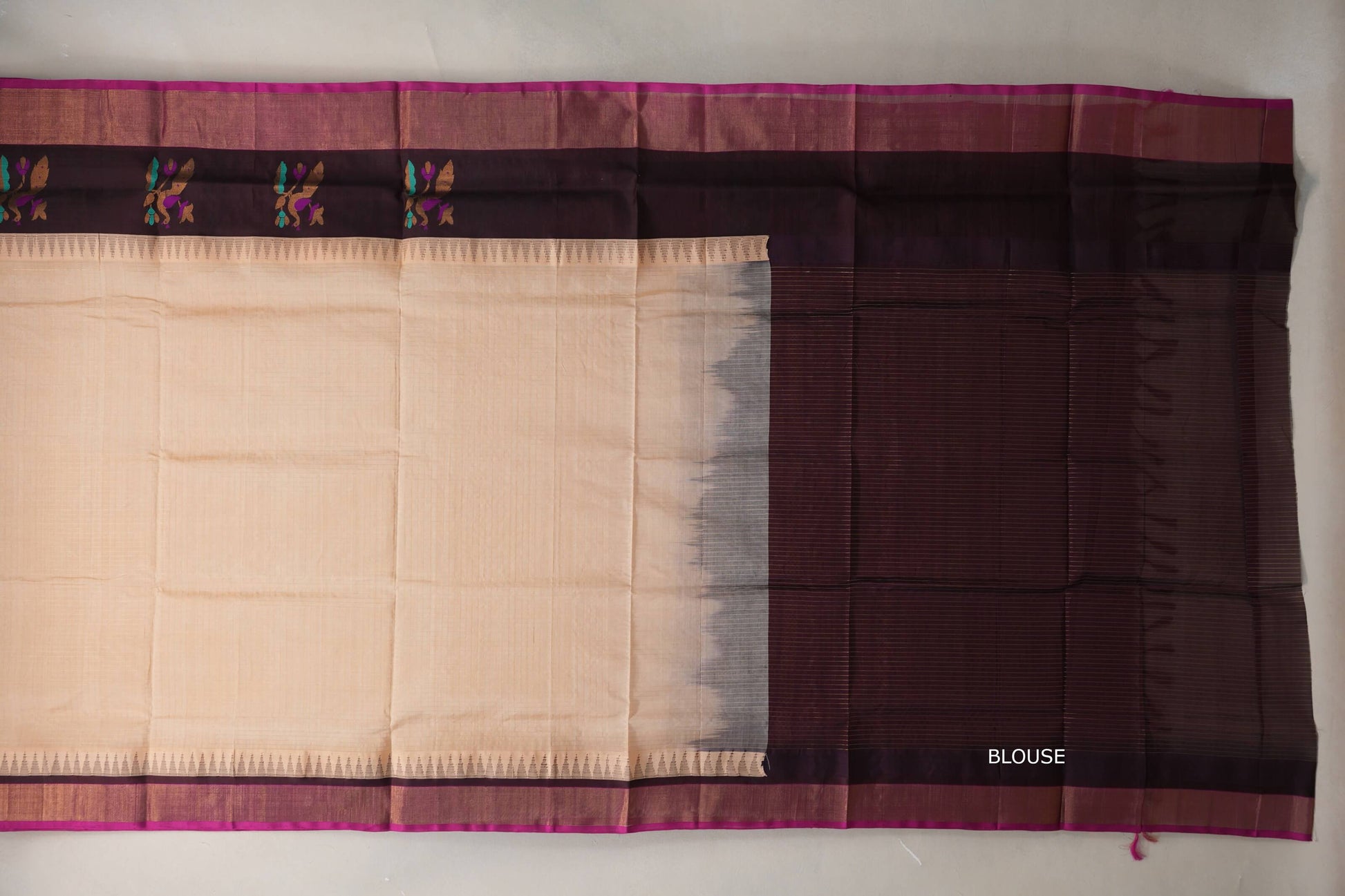 Sandal Cream with Deep Coffee Brown with Magenta Selvedge Borders Silk Cotton Saree blouse