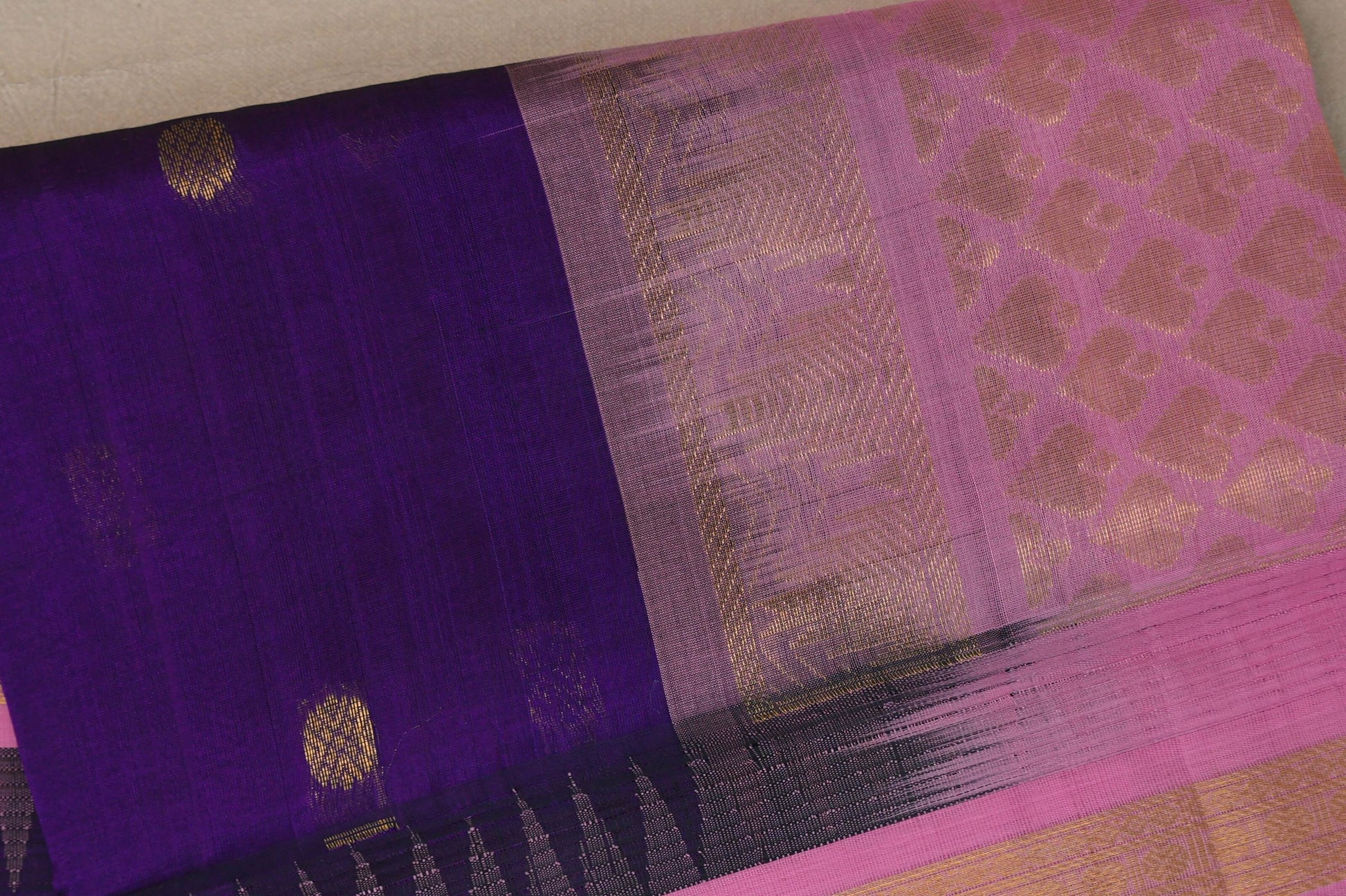 Deep Purple with Dusty Rose Borders Silk Cotton Saree body