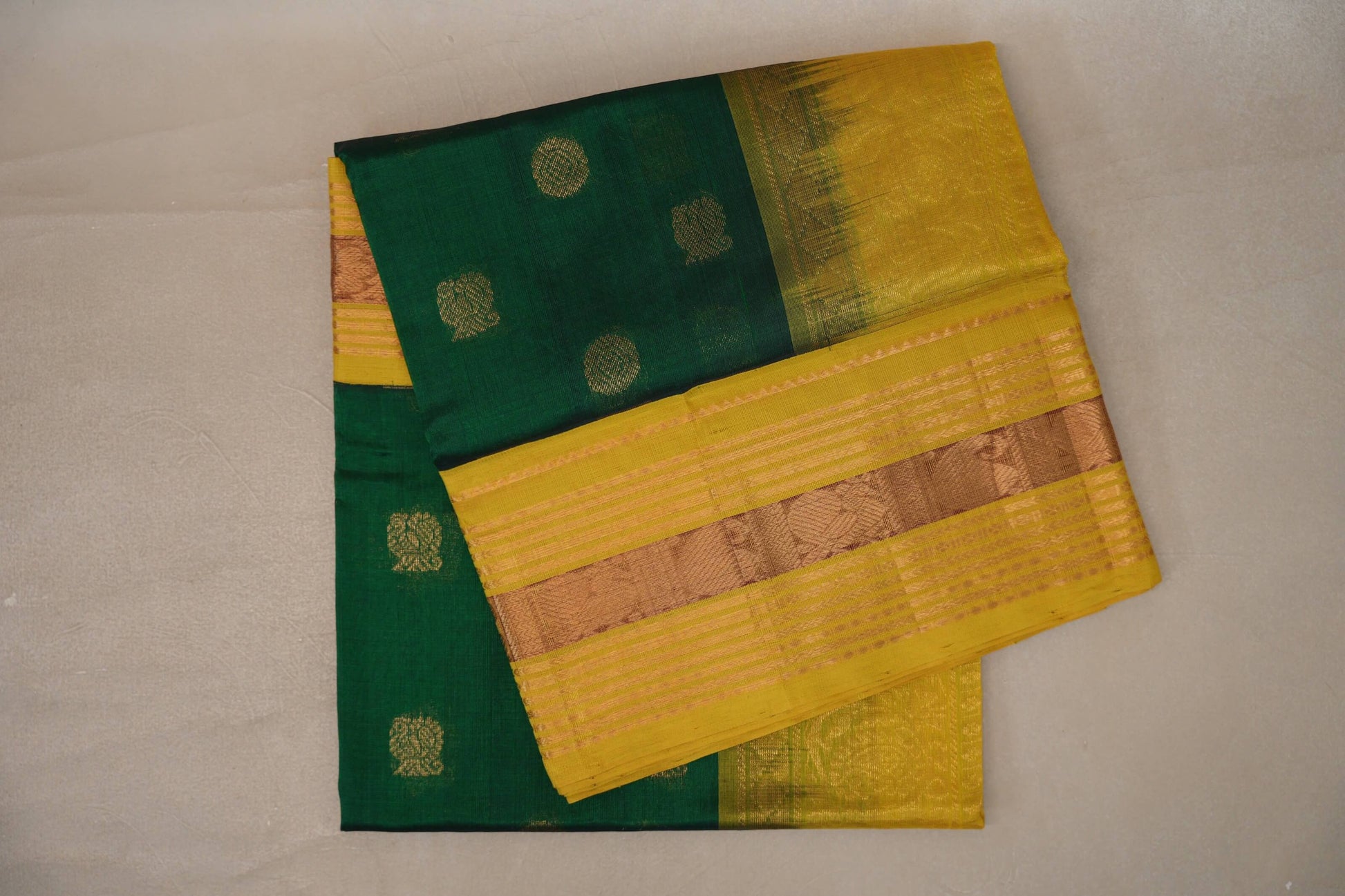 Emerald Green with Bright Yellow Borders Silk Cotton Saree