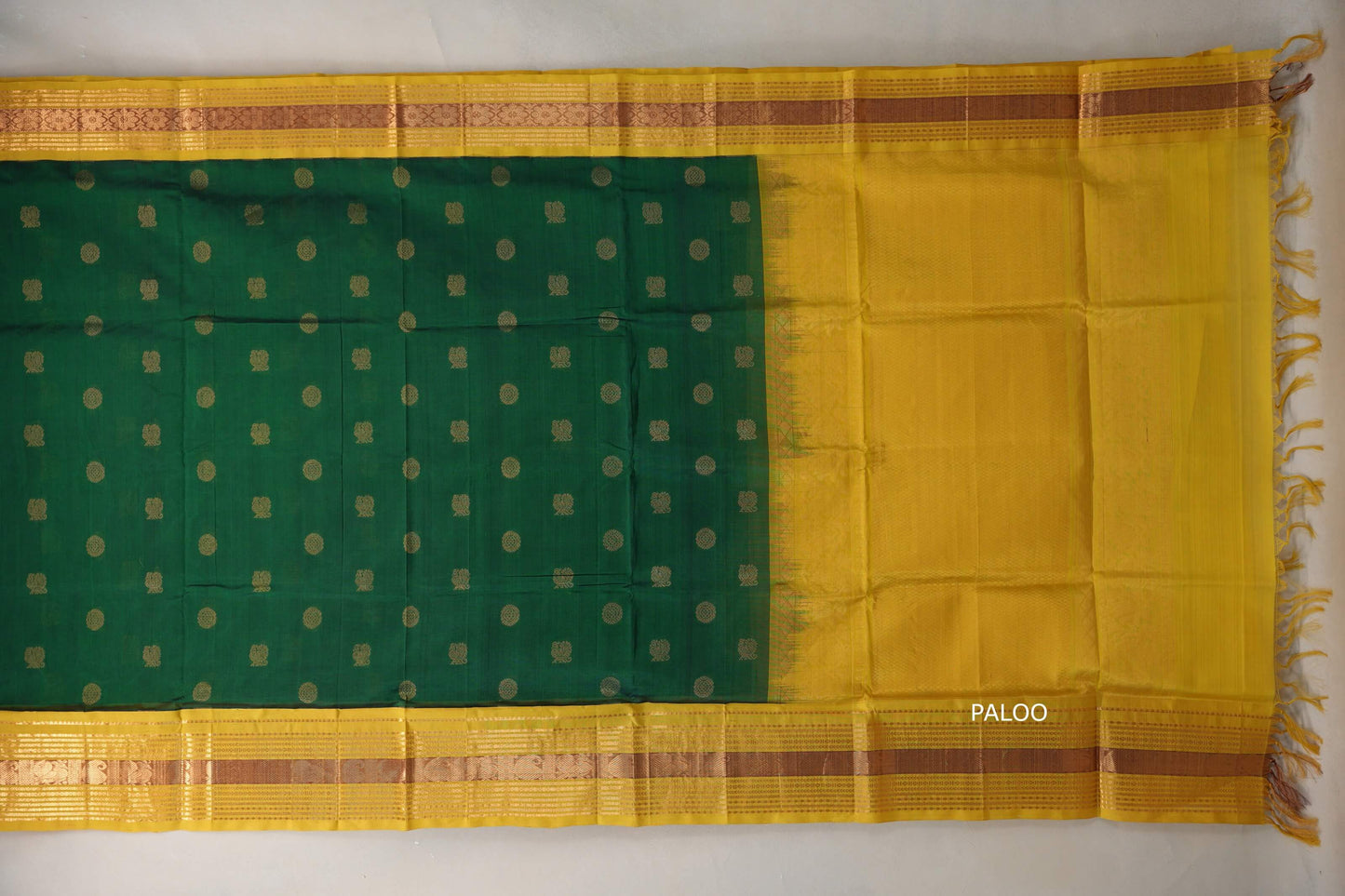 Emerald Green with Bright Yellow Borders Silk Cotton Saree paloo