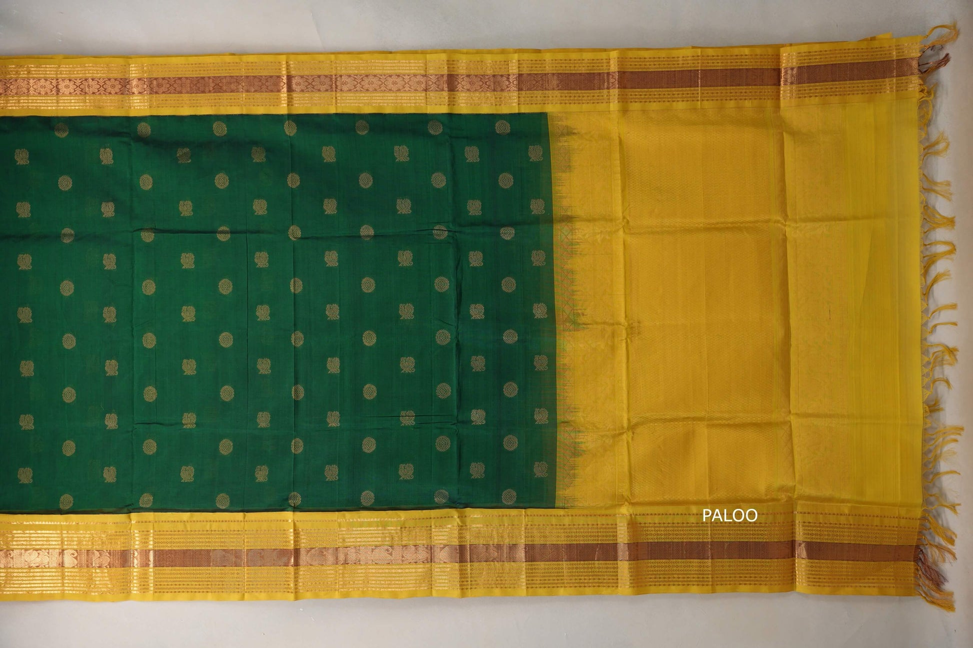 Emerald Green with Bright Yellow Borders Silk Cotton Saree paloo