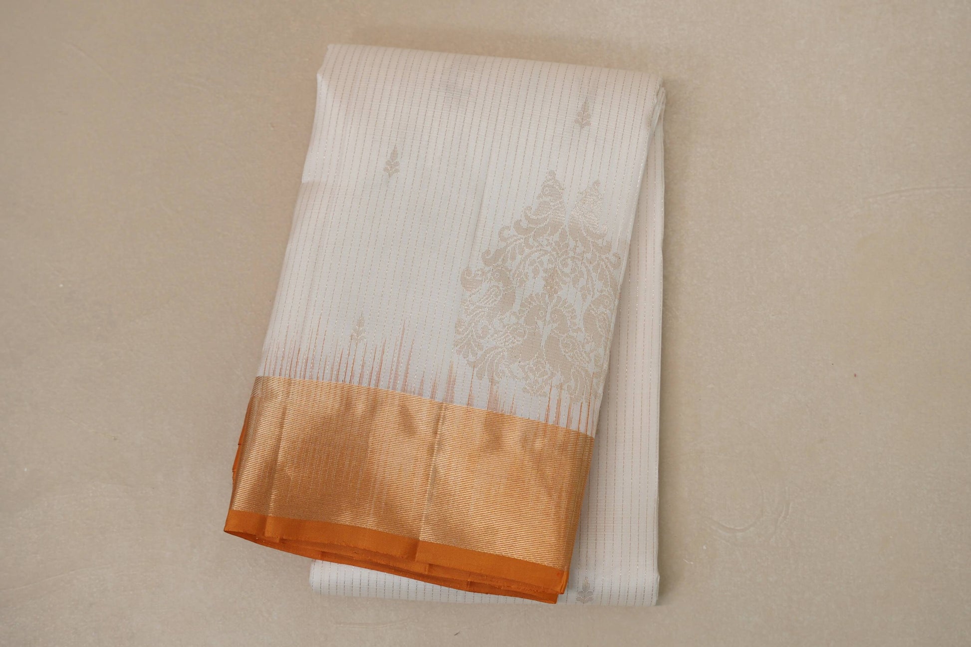 Cream with Mustard Orange Borders Light Weight Kanjivaram Silk Saree 