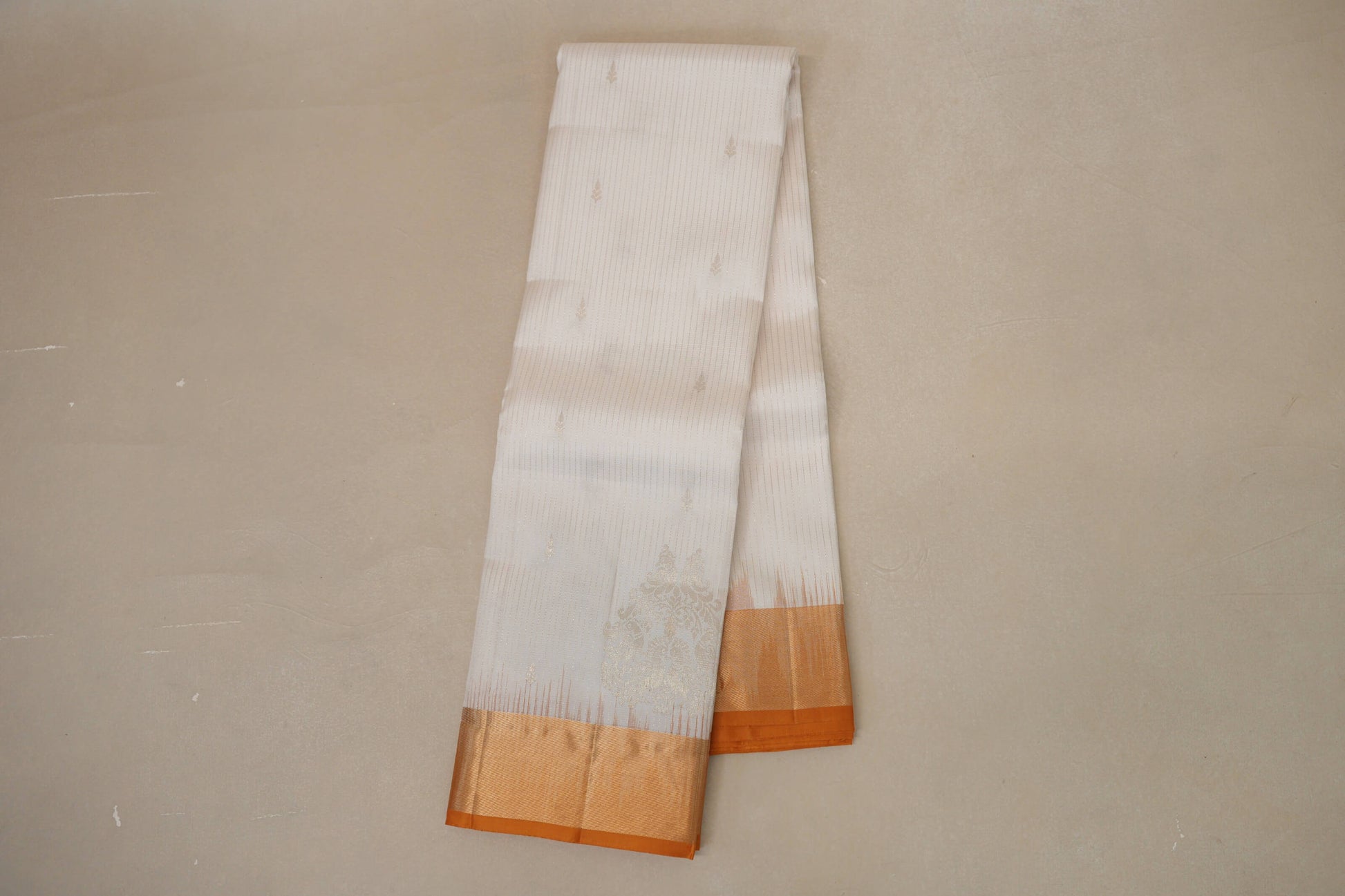 Cream with Mustard Orange Borders Light Weight Kanjivaram Silk Saree by Shreenivas Silks PSSR018779 - Parisera