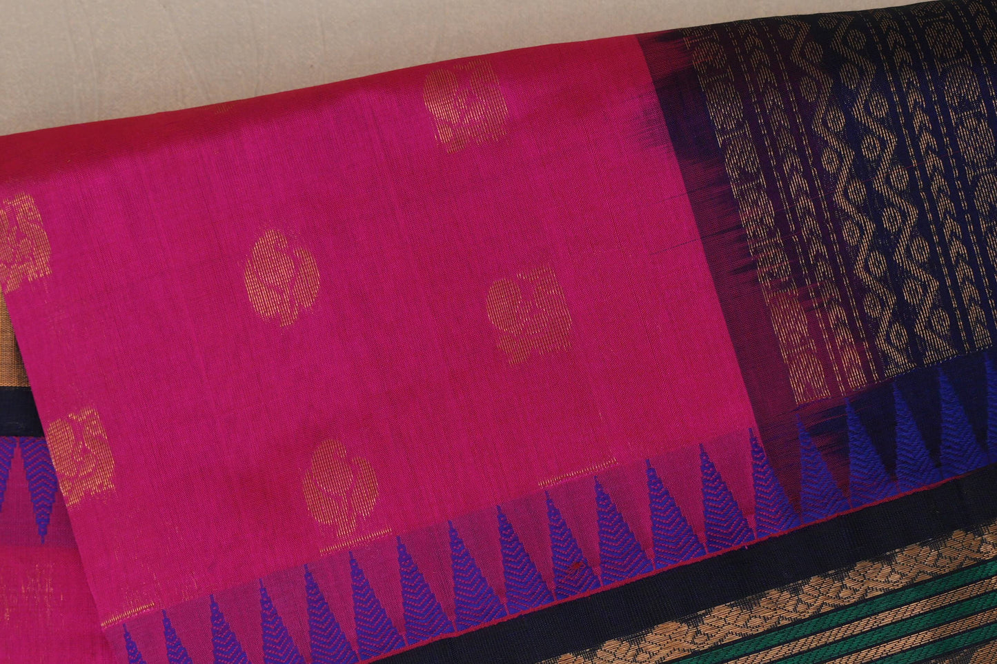 Bright Rani Pink with Deep Navy Blue Borders Silk Cotton Saree body