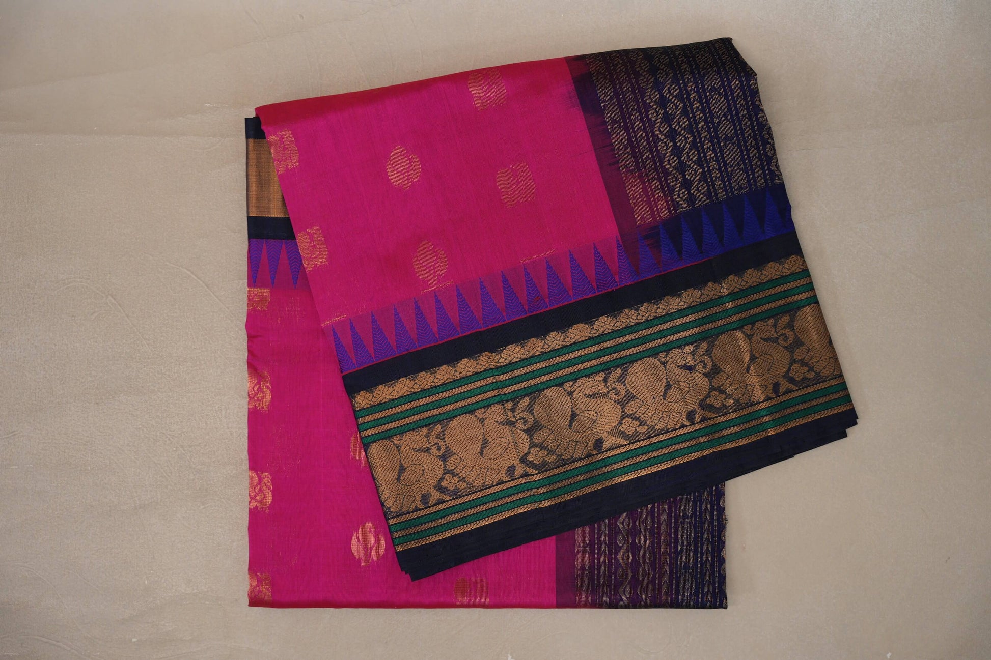 Bright Rani Pink with Deep Navy Blue Borders Silk Cotton Saree