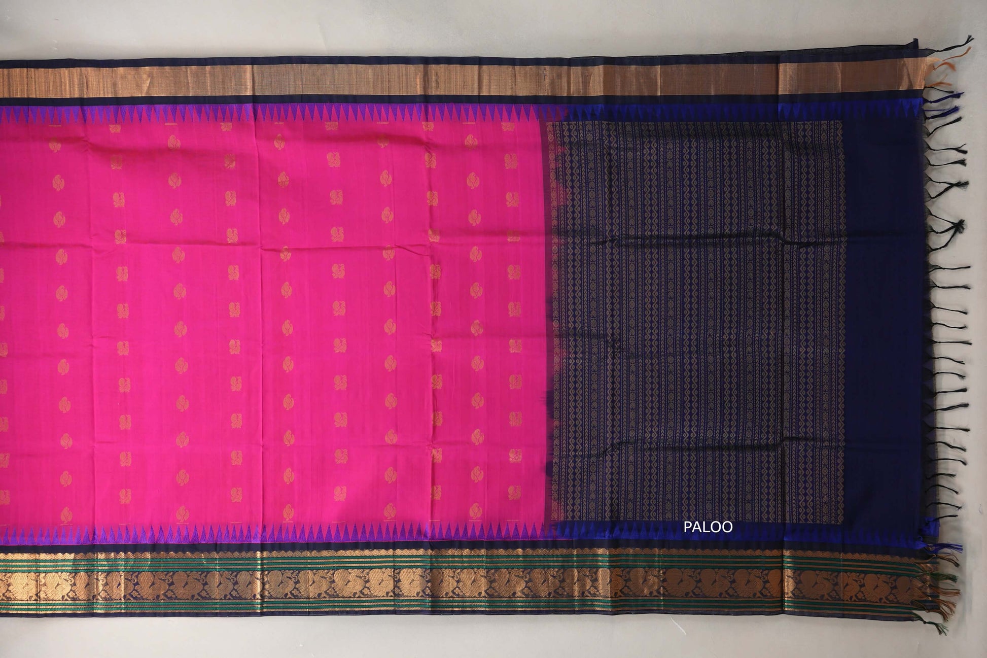 Bright Rani Pink with Deep Navy Blue Borders Silk Cotton Saree paloo