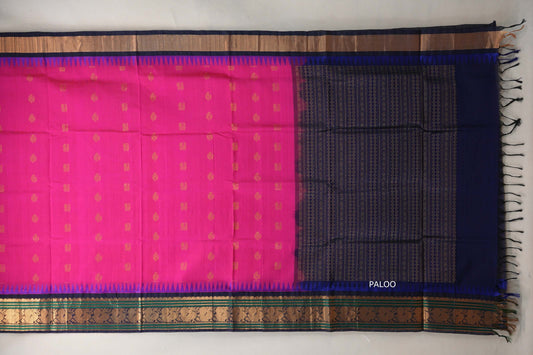 Bright Rani Pink with Deep Navy Blue Borders Silk Cotton Saree paloo