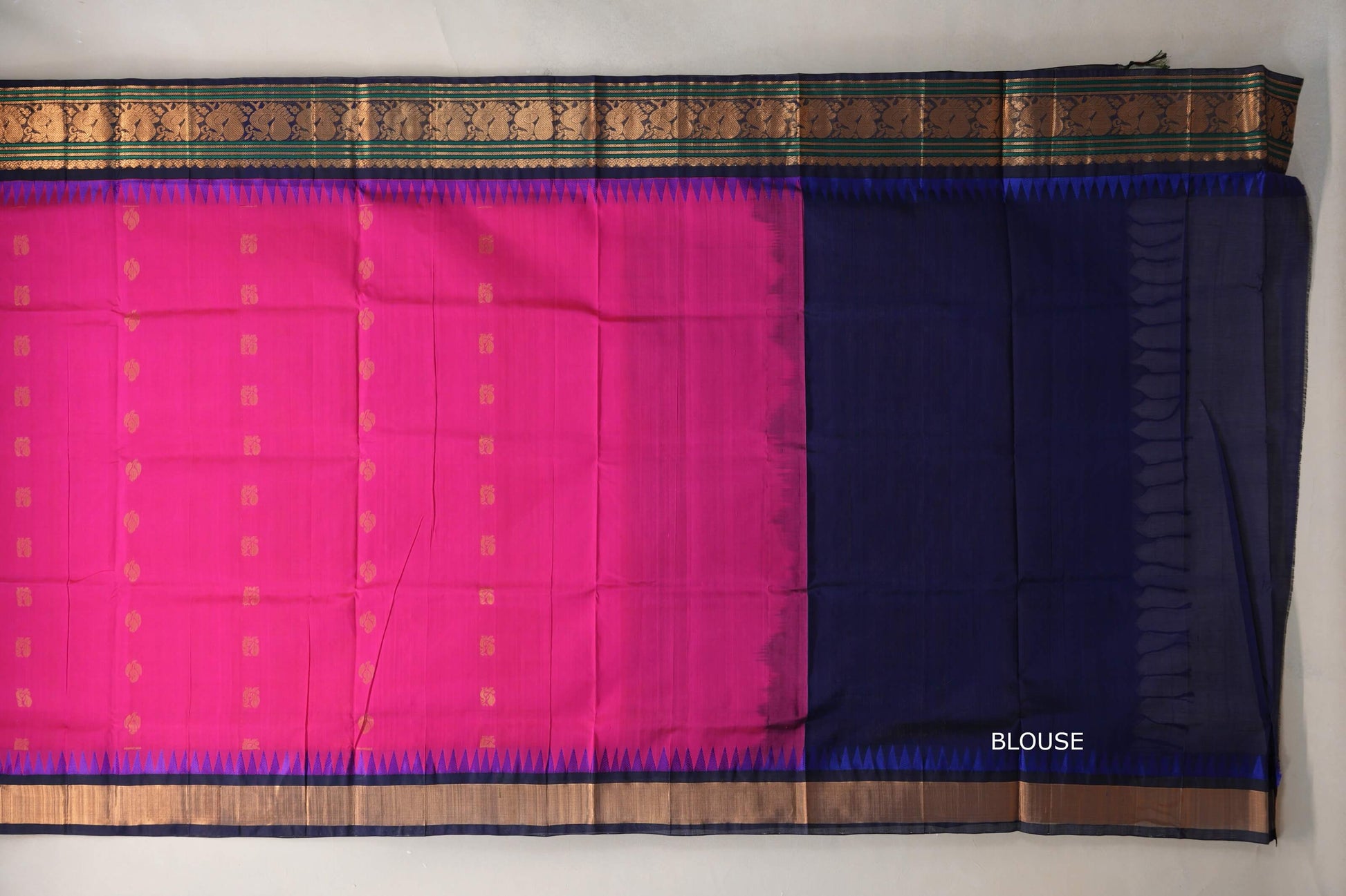 Bright Rani Pink with Deep Navy Blue Borders Silk Cotton Saree blouse