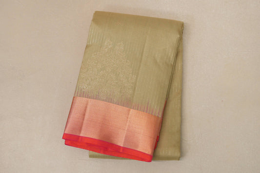 Dark beige with Orangish pink Borders Light Weight Kanjivaram Silk Saree by Shreenivas Silks PSSR018780 - Parisera