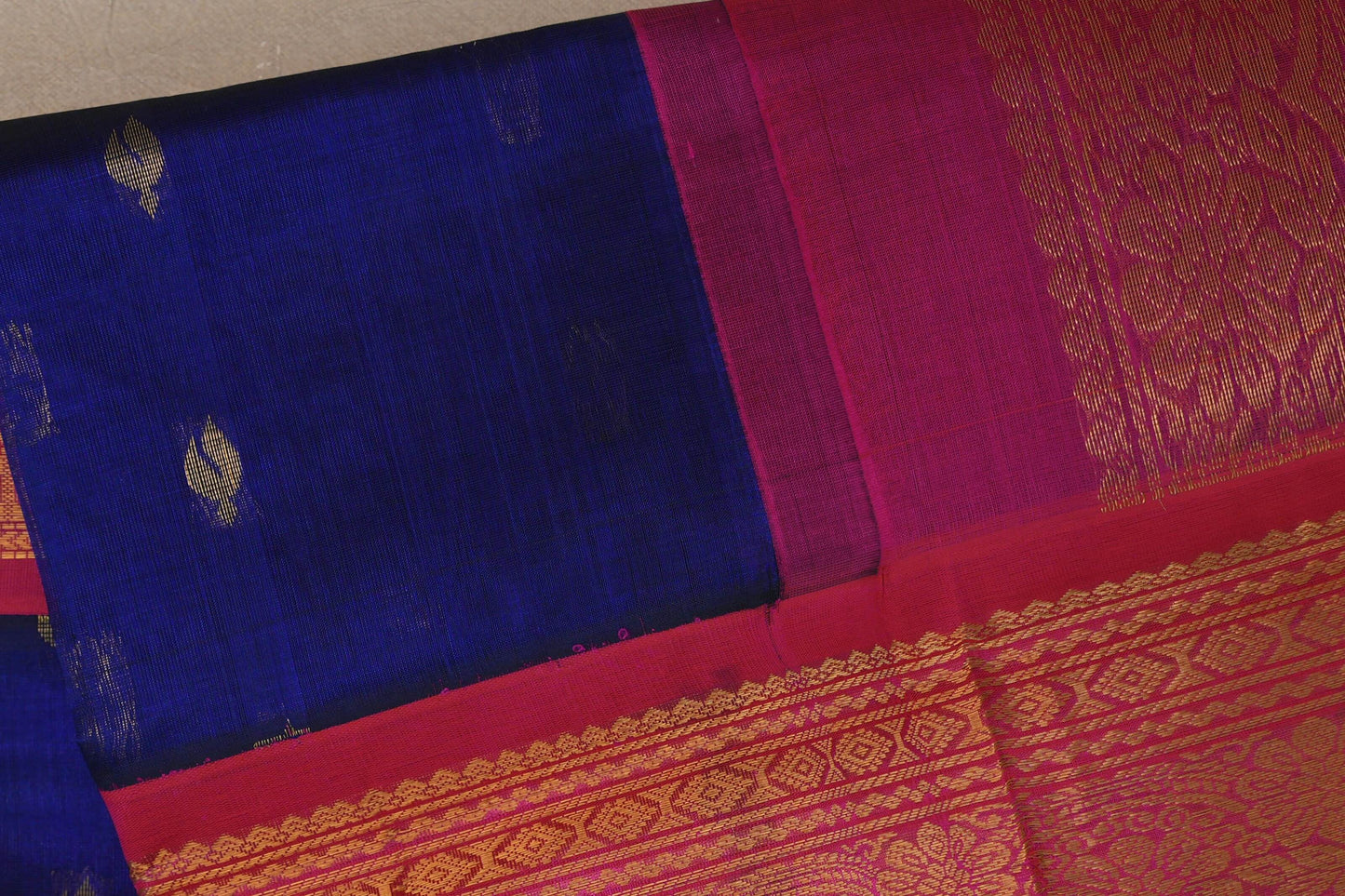 Deep Blue with Rani Pink Borders Silk Cotton Saree body