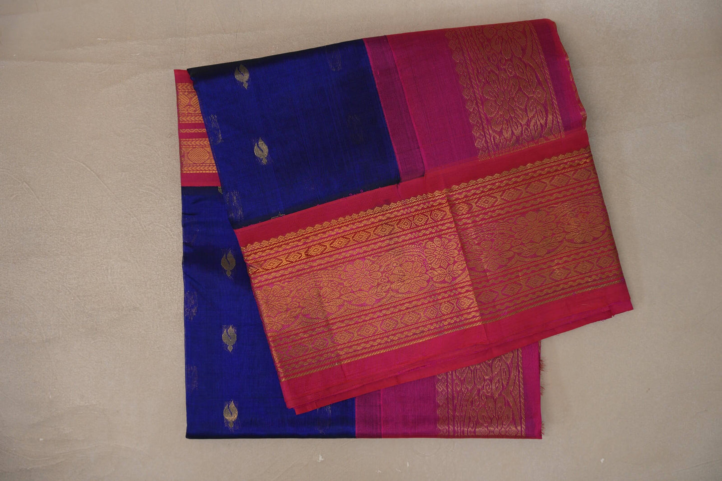 Deep Blue with Rani Pink Borders Silk Cotton Saree