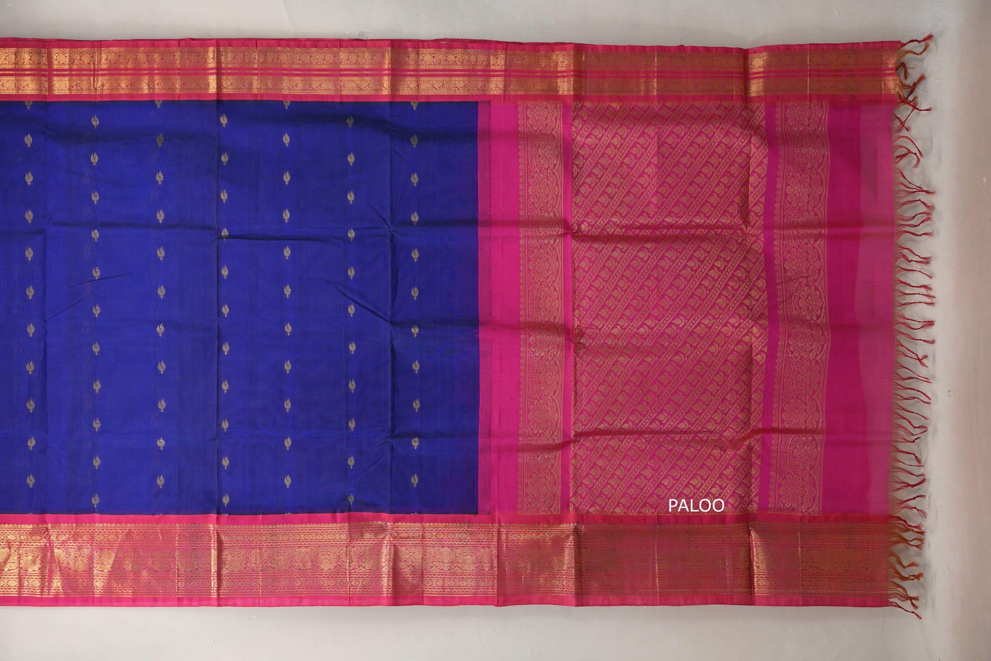 Deep Blue with Rani Pink Borders Silk Cotton Saree paloo
