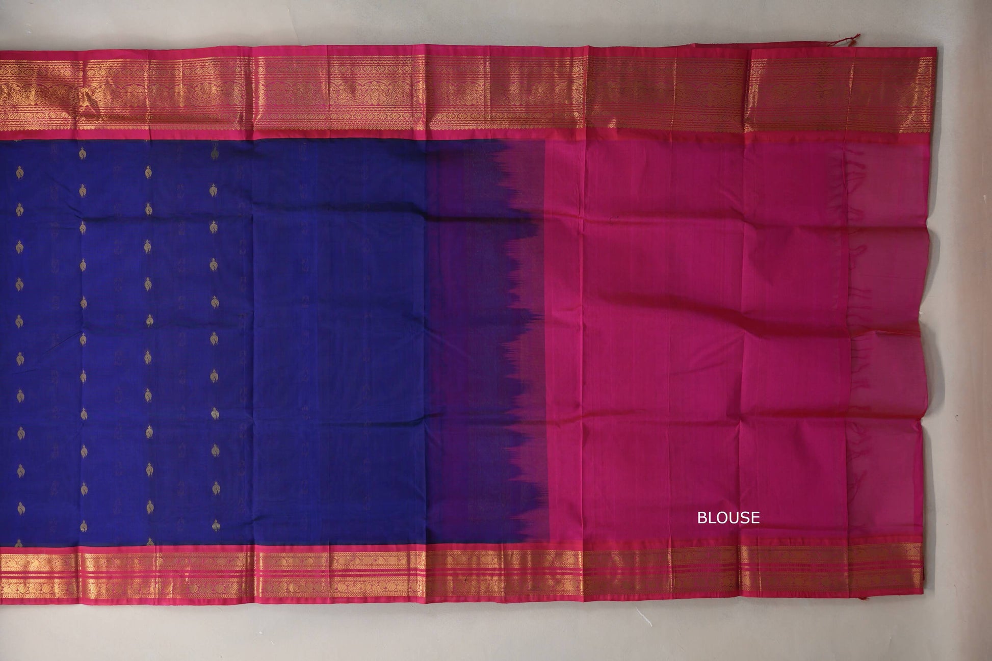 Deep Blue with Rani Pink Borders Silk Cotton Saree blouse