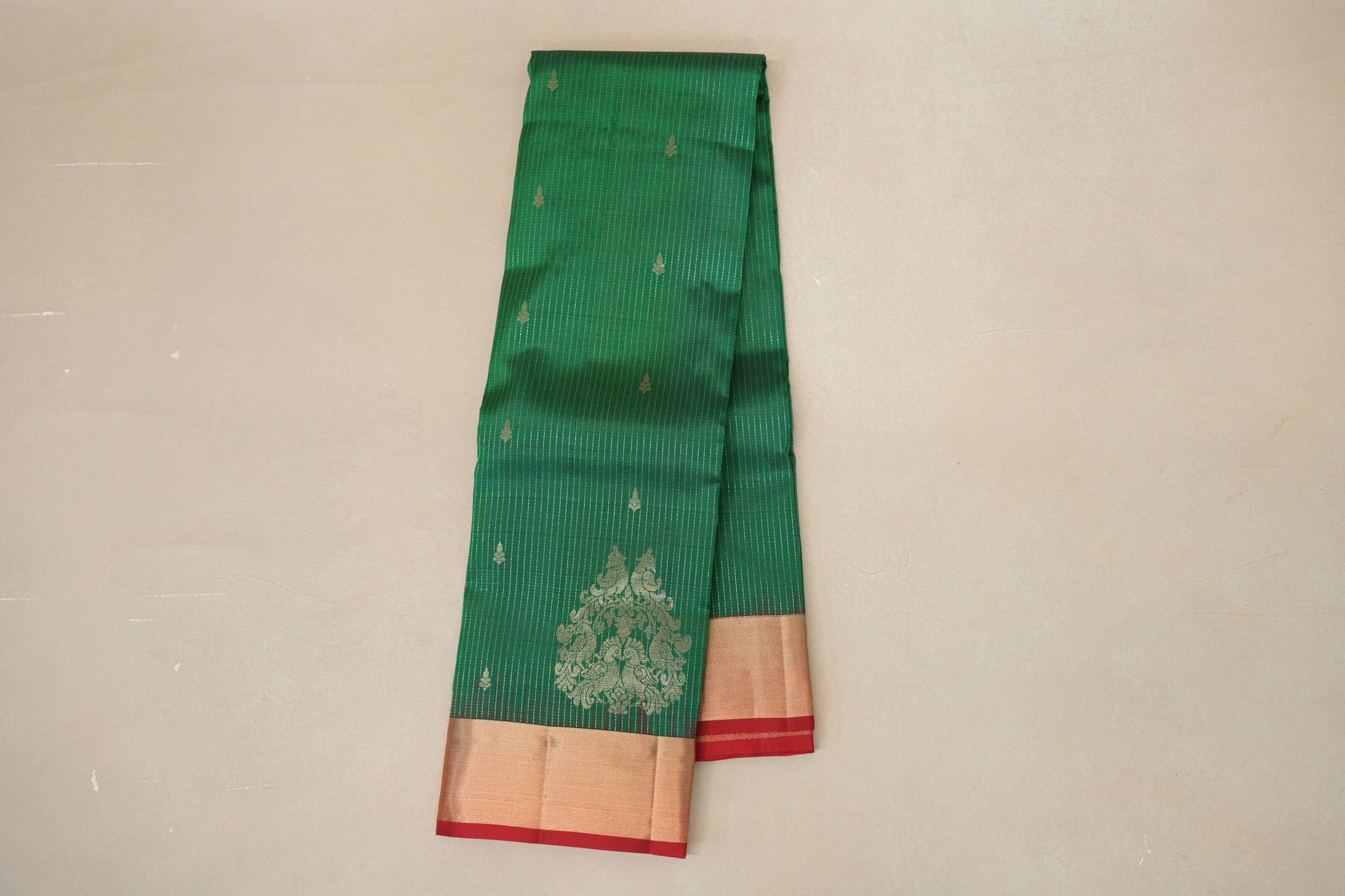Emerald green with Red Borders Light Weight Kanjivaram Silk Saree by Shreenivas Silks PSSR018781 - Parisera