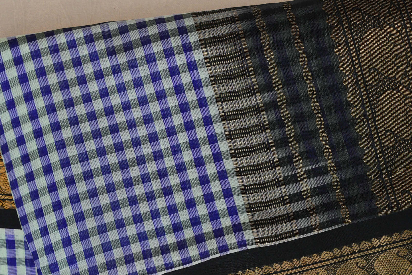 Multi Color Checks with Black Borders Silk Cotton Saree body