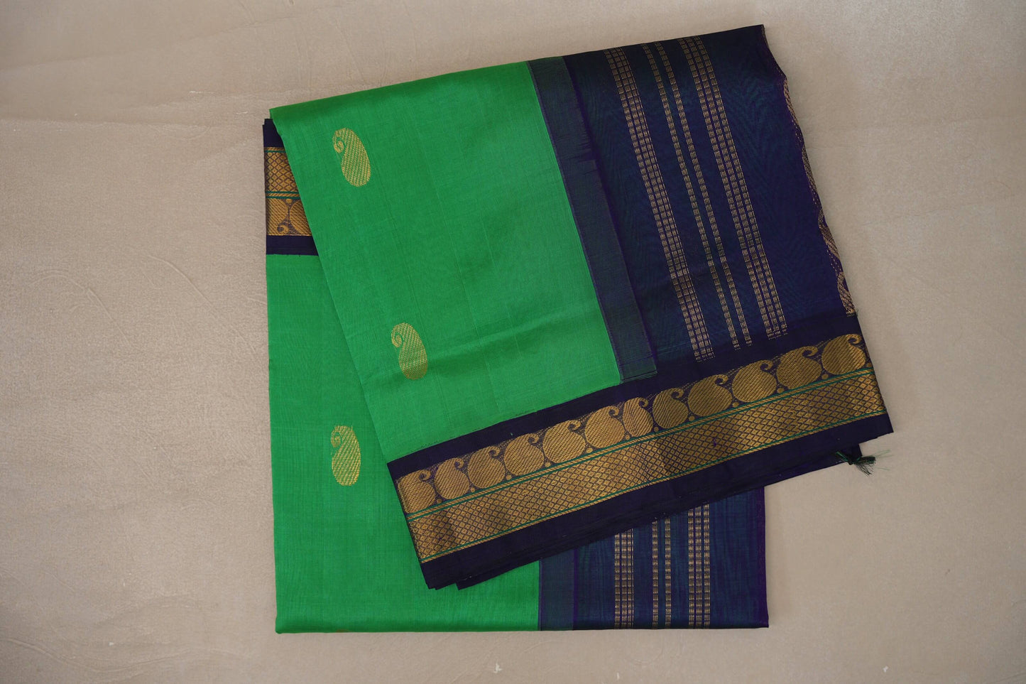 Leaf Green with Navy Blue Borders Silk Cotton Saree